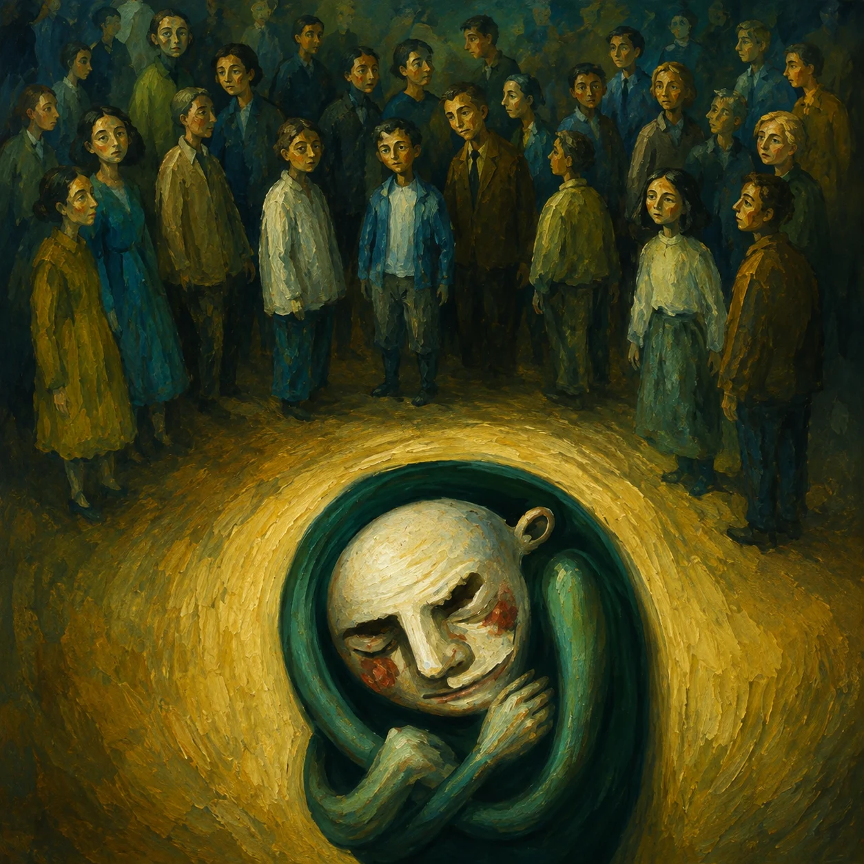 A somber face sits below rows of distant figures in green and gold.