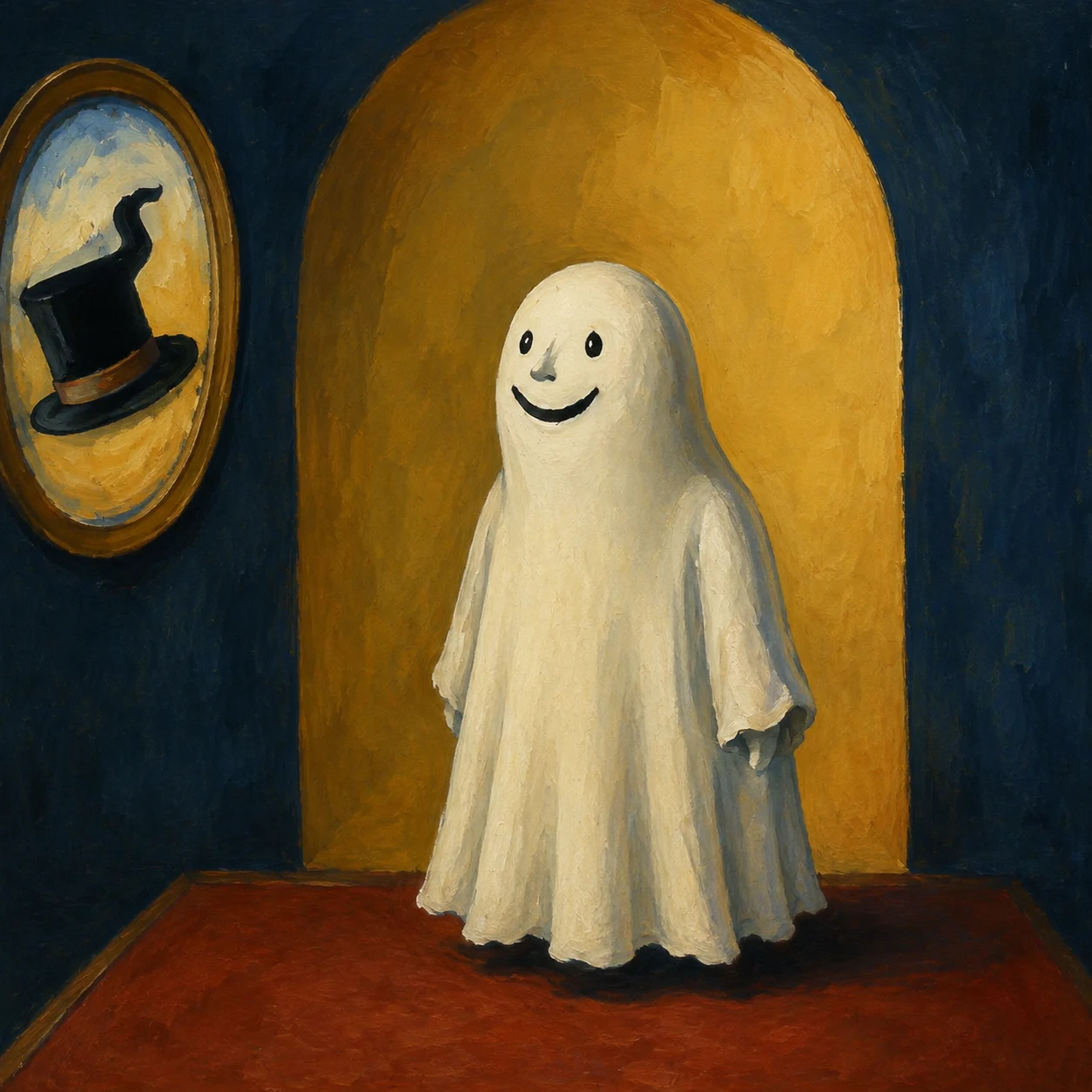 A smiling white ghost waits near a mirror in a warm yellow room.