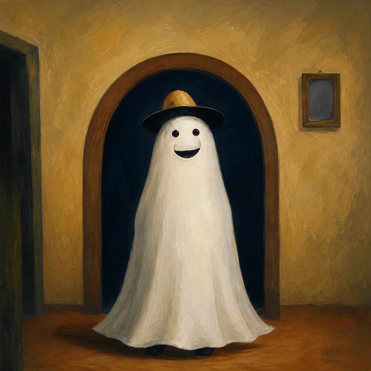 A white ghost wears a black hat beneath a dark archway.