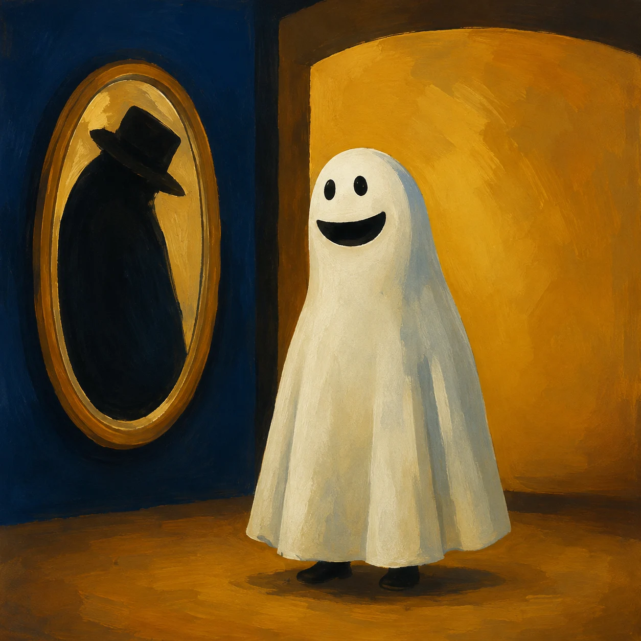 A laughing ghost stands beside a mirror in a golden room.