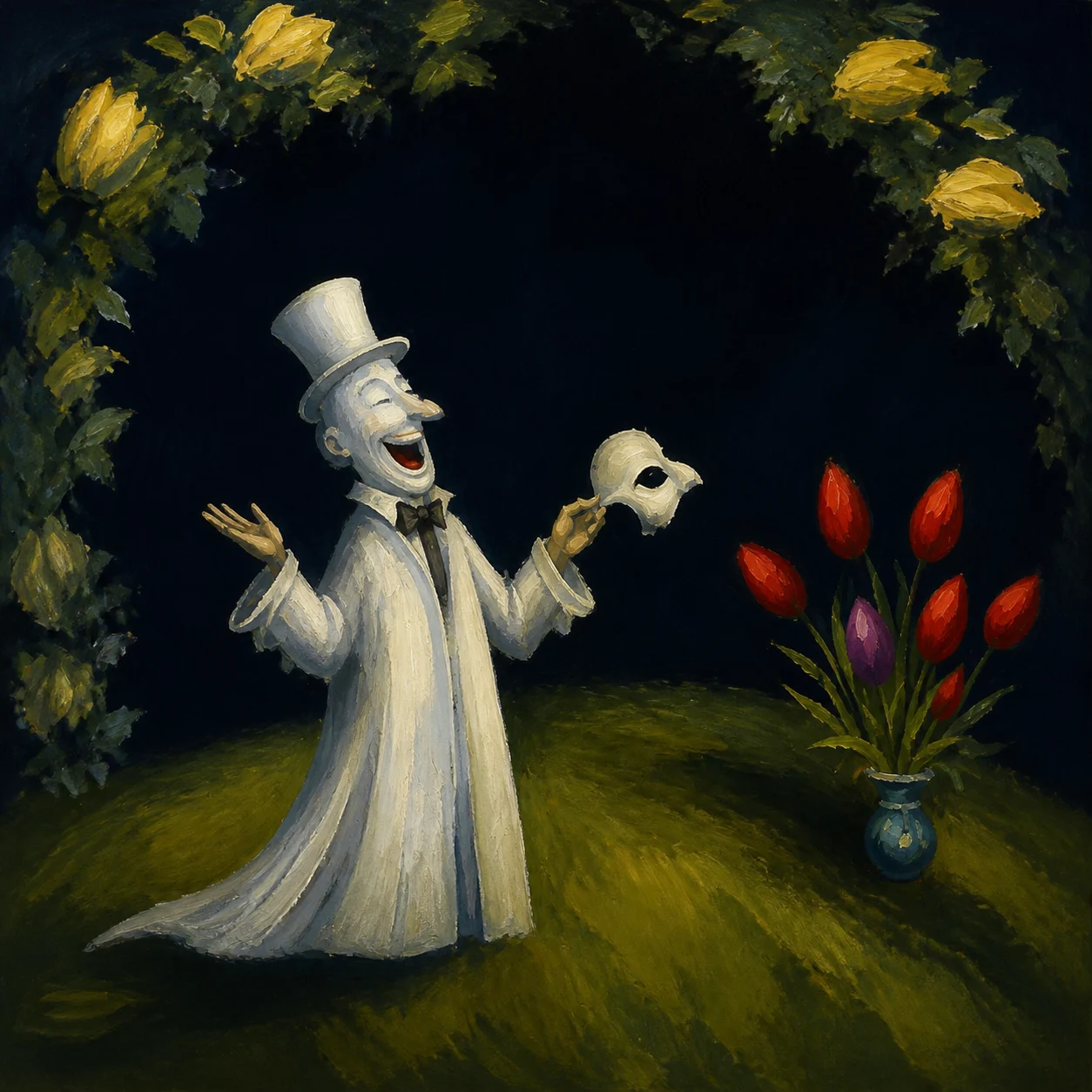 A white figure in a top hat gestures beside a skull and bright flowers.