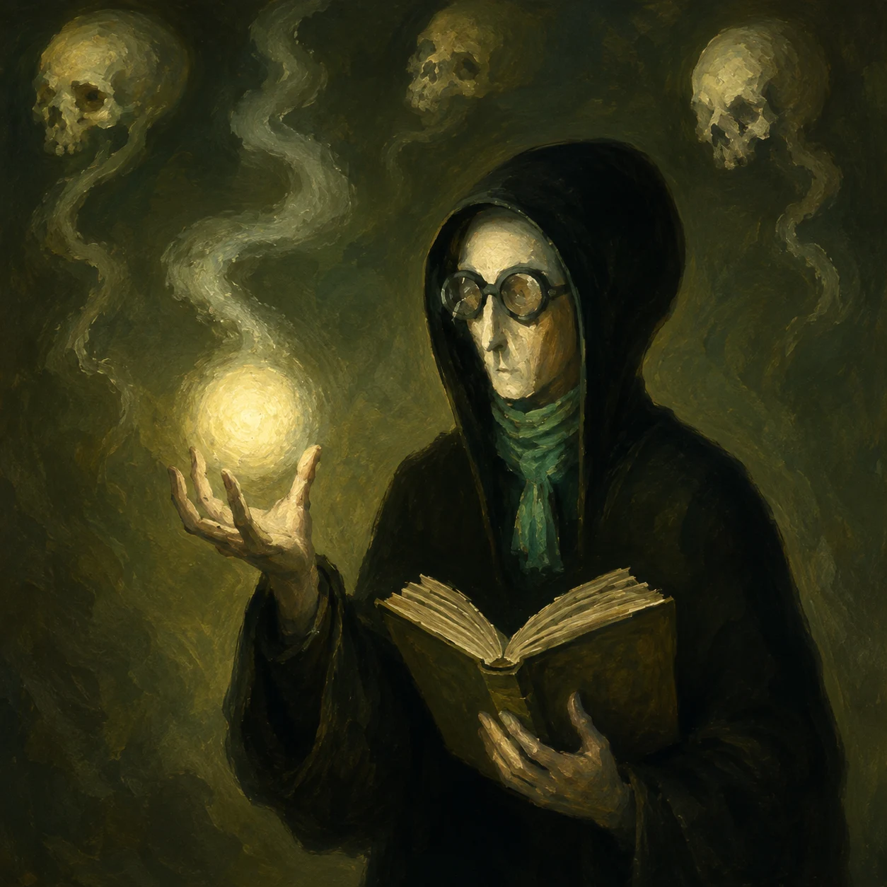 A hooded scholar holds a glowing light above an open book.