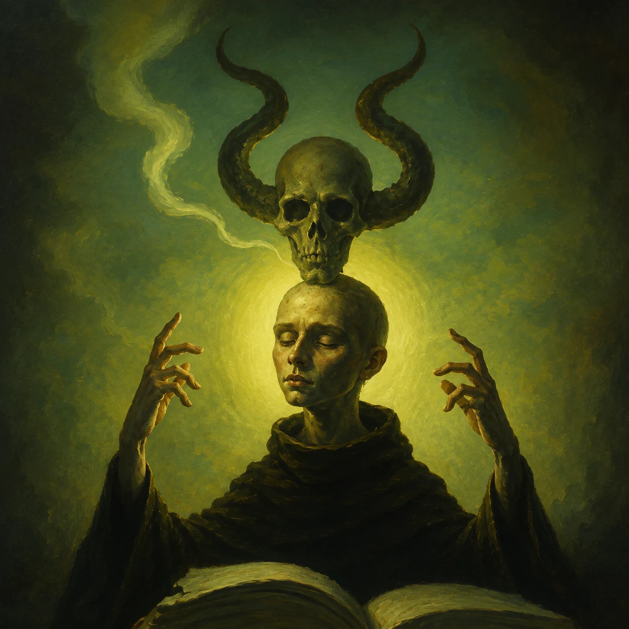 A horned skull hovers above a figure with raised hands.
