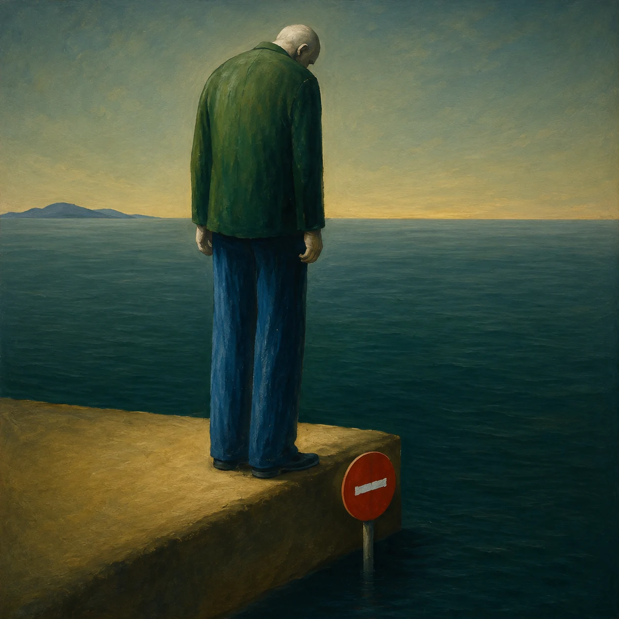 A lone figure faces the sea from the edge of a narrow stone platform.