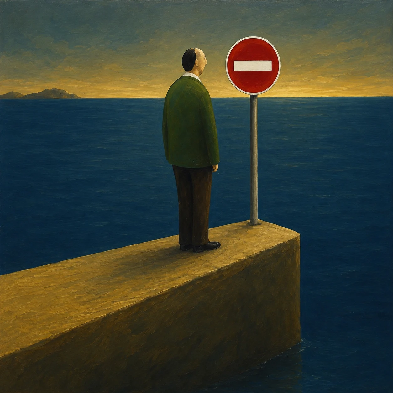 A figure stands beside a no-entry sign at the end of a wall above the ocean.