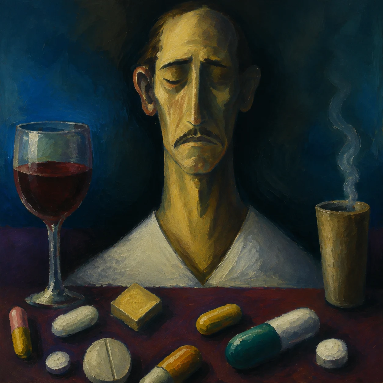 A weary face watches over a wine glass, pills, and rising smoke.