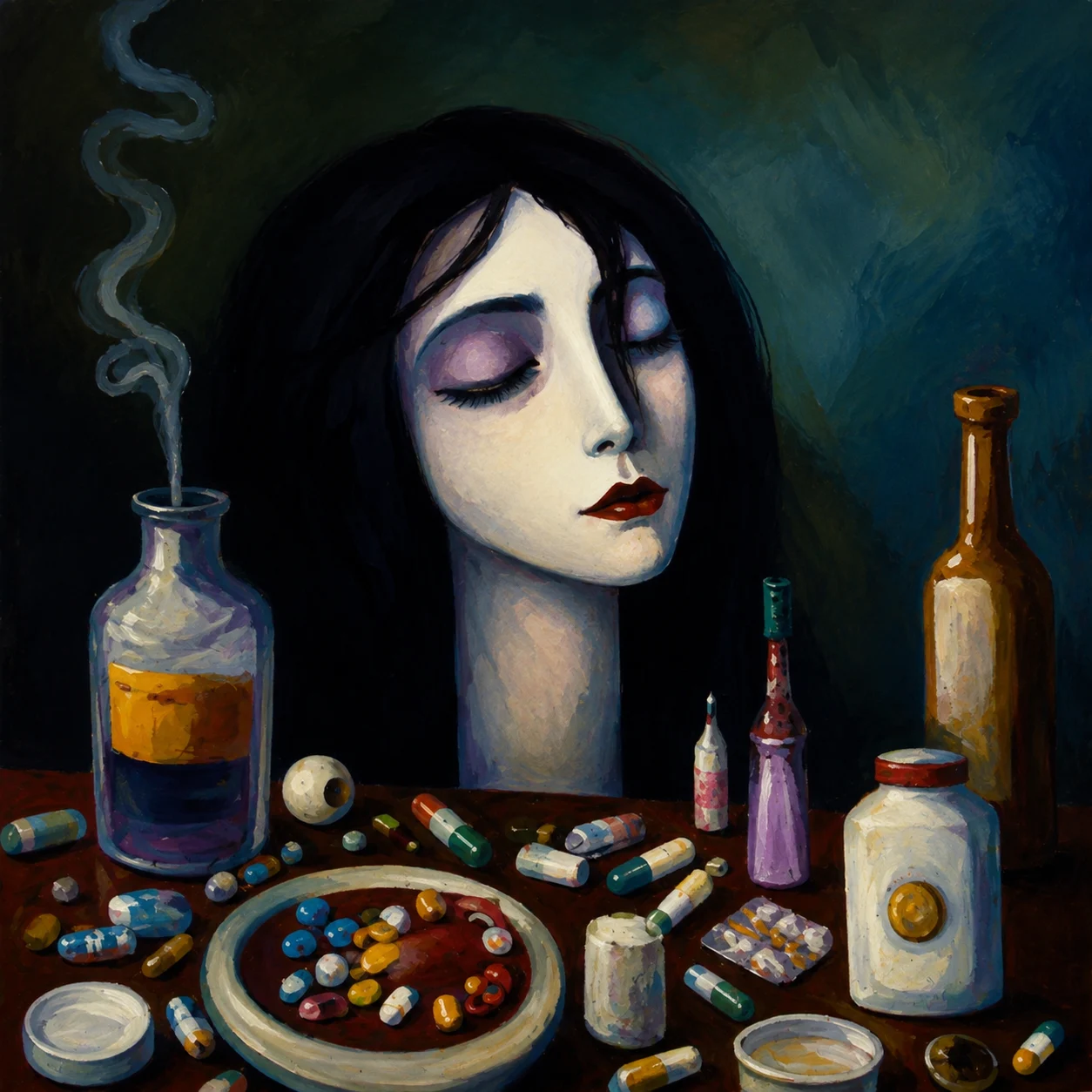 A pale woman sits before bottles and bright pills against a dark green background.