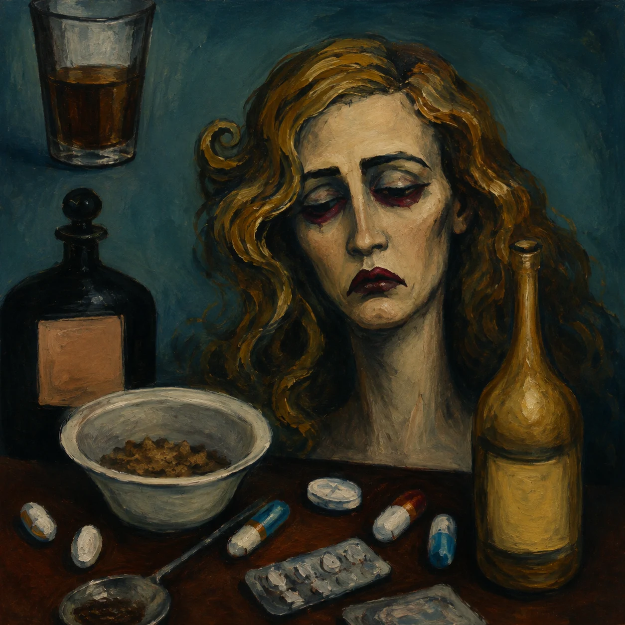 A tired woman rests beside a bottle, a glass, and scattered pills.