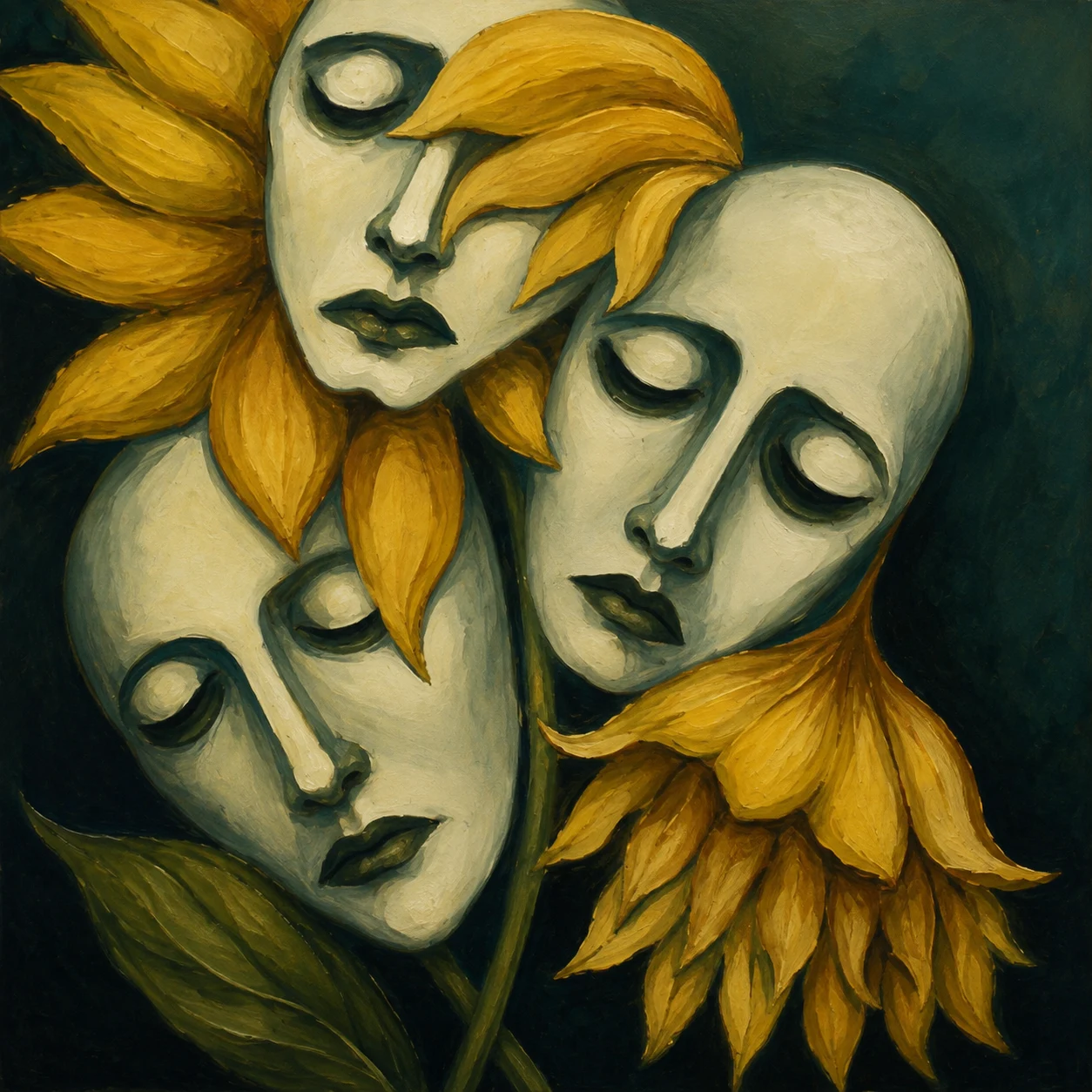 Pale faces bend together inside a cluster of yellow flowers.