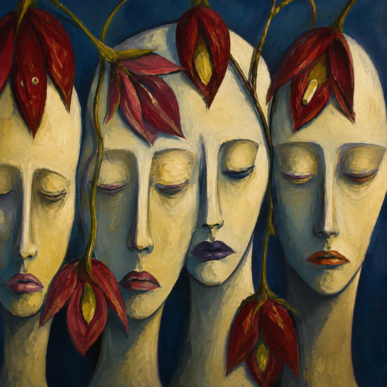 Long, masklike faces hang beneath red and yellow leaves.