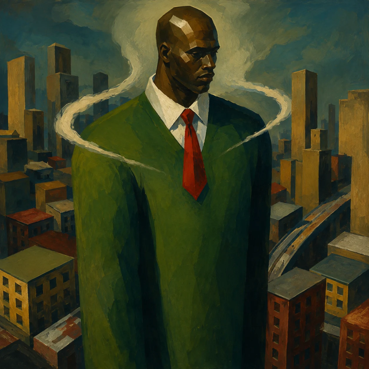 A suited figure towers over a tightly packed city in green and gold.