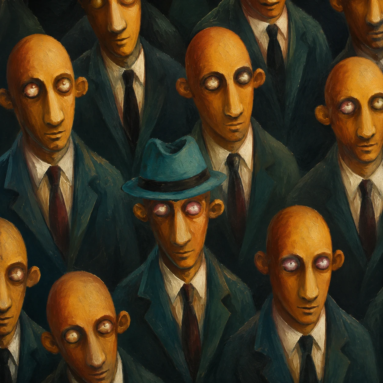 A crowd of nearly identical suited figures looks outward.