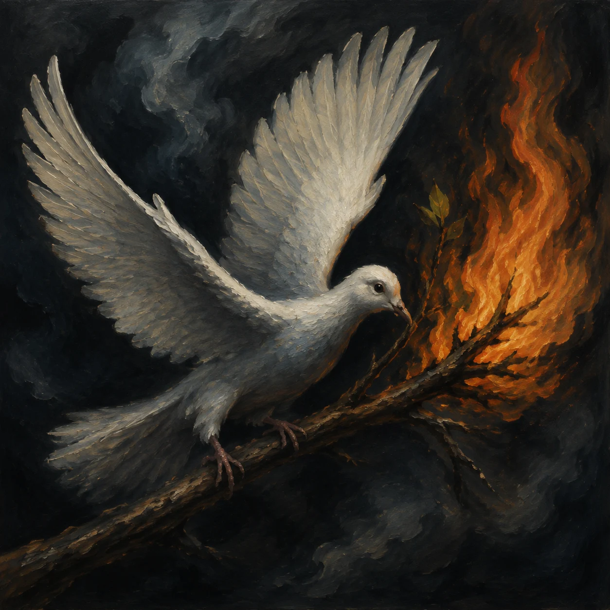 A white dove flies beside a burning branch against dark smoke.