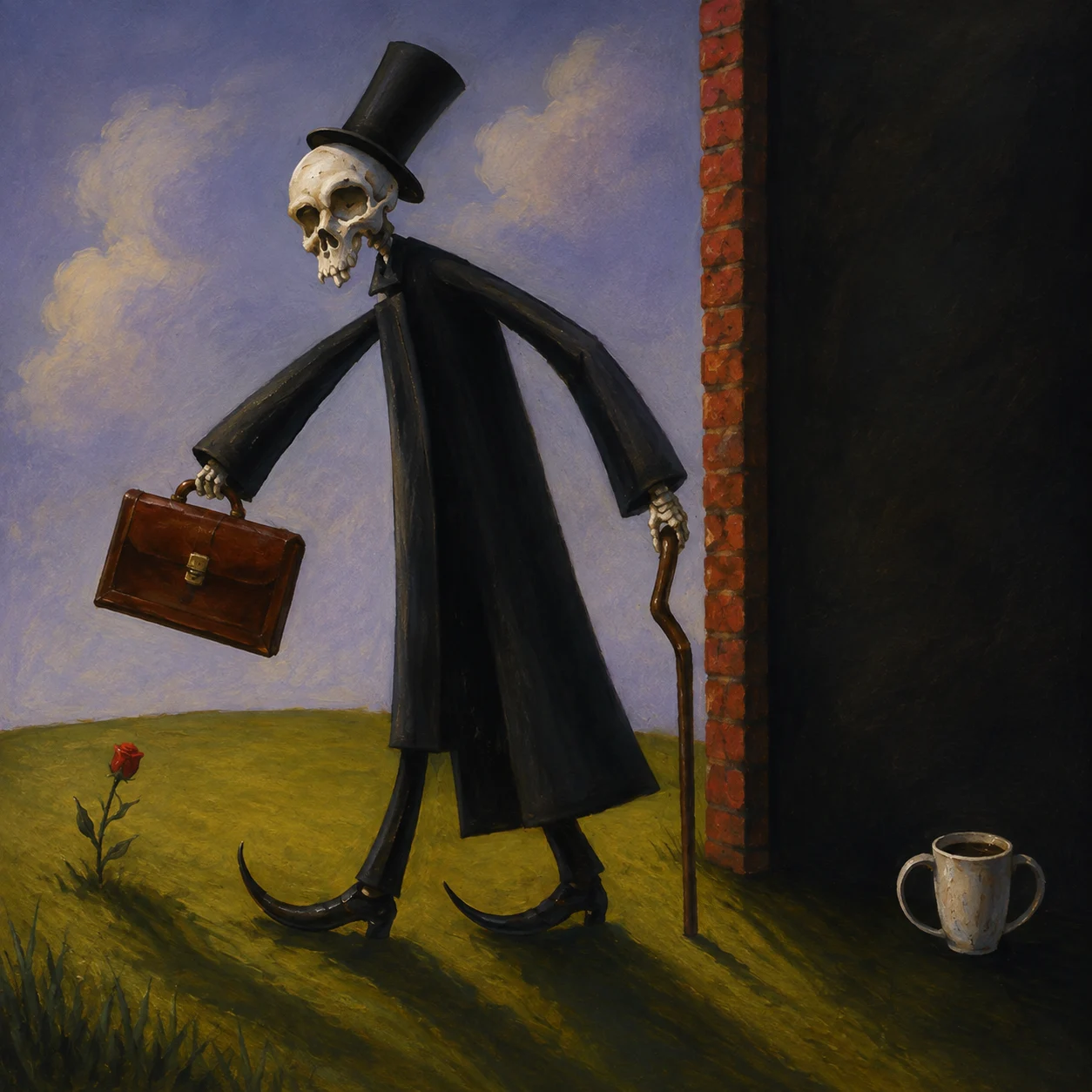 A skeletal figure in a top hat carries a briefcase through the countryside.