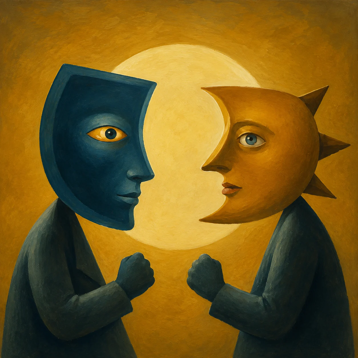 Blue and golden faces meet in profile beneath a pale circle.