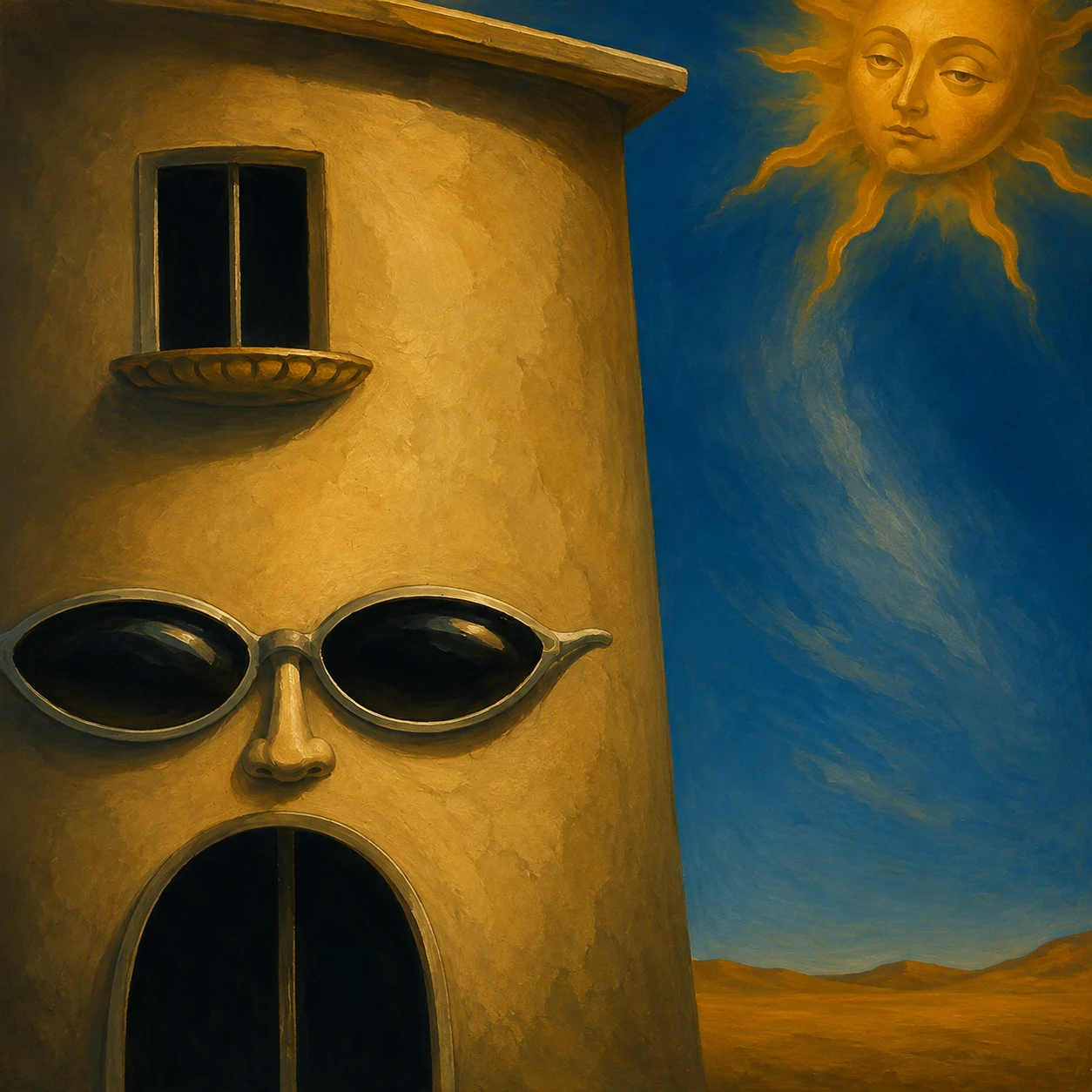 A golden house wears dark glasses beneath a watchful sun.