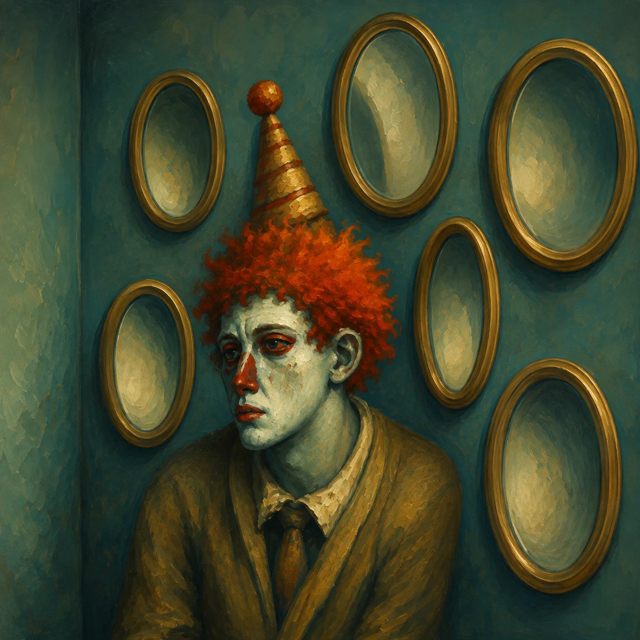 A red-haired clown sits beneath a collection of oval mirrors.