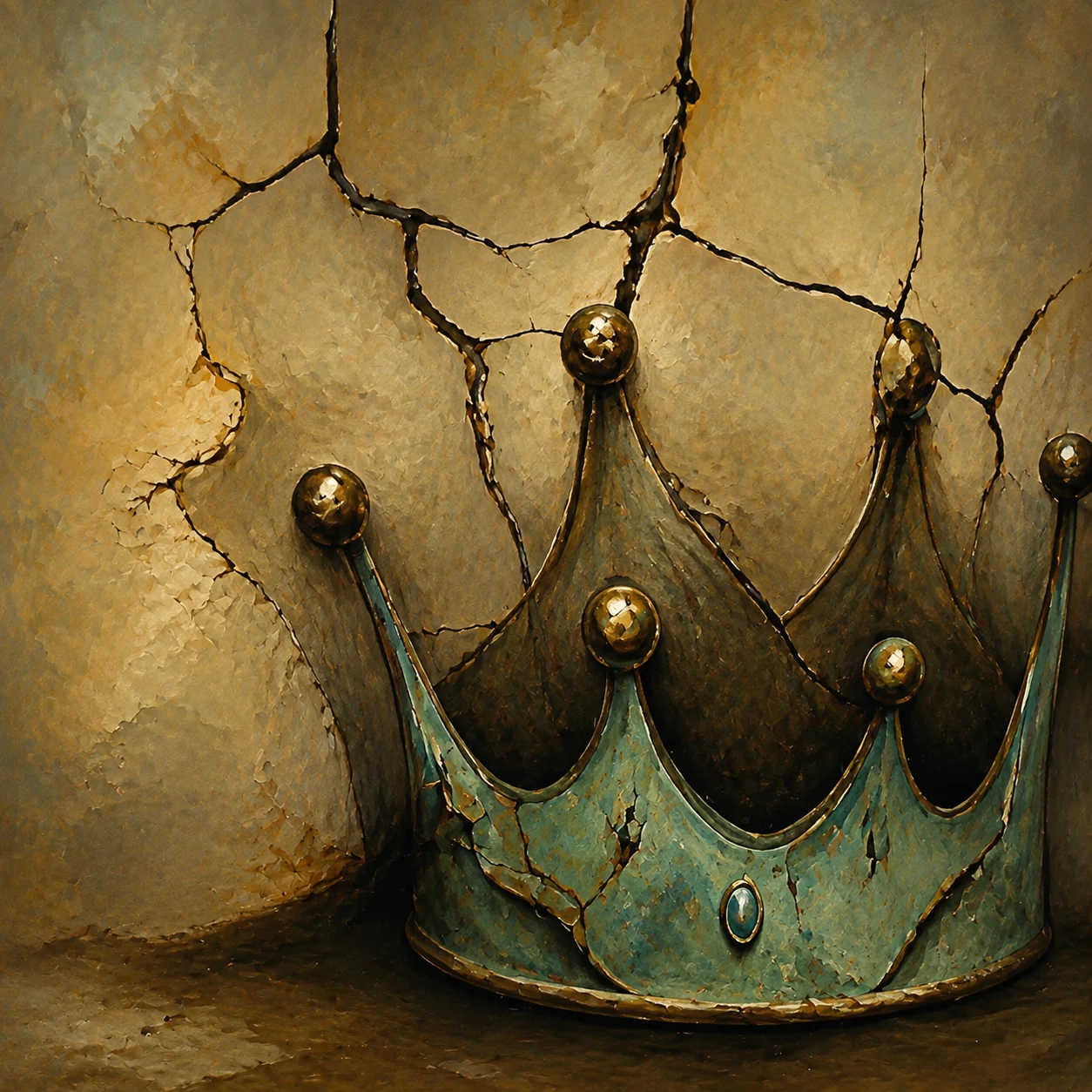 A weathered crown rests against a cracked ochre wall.