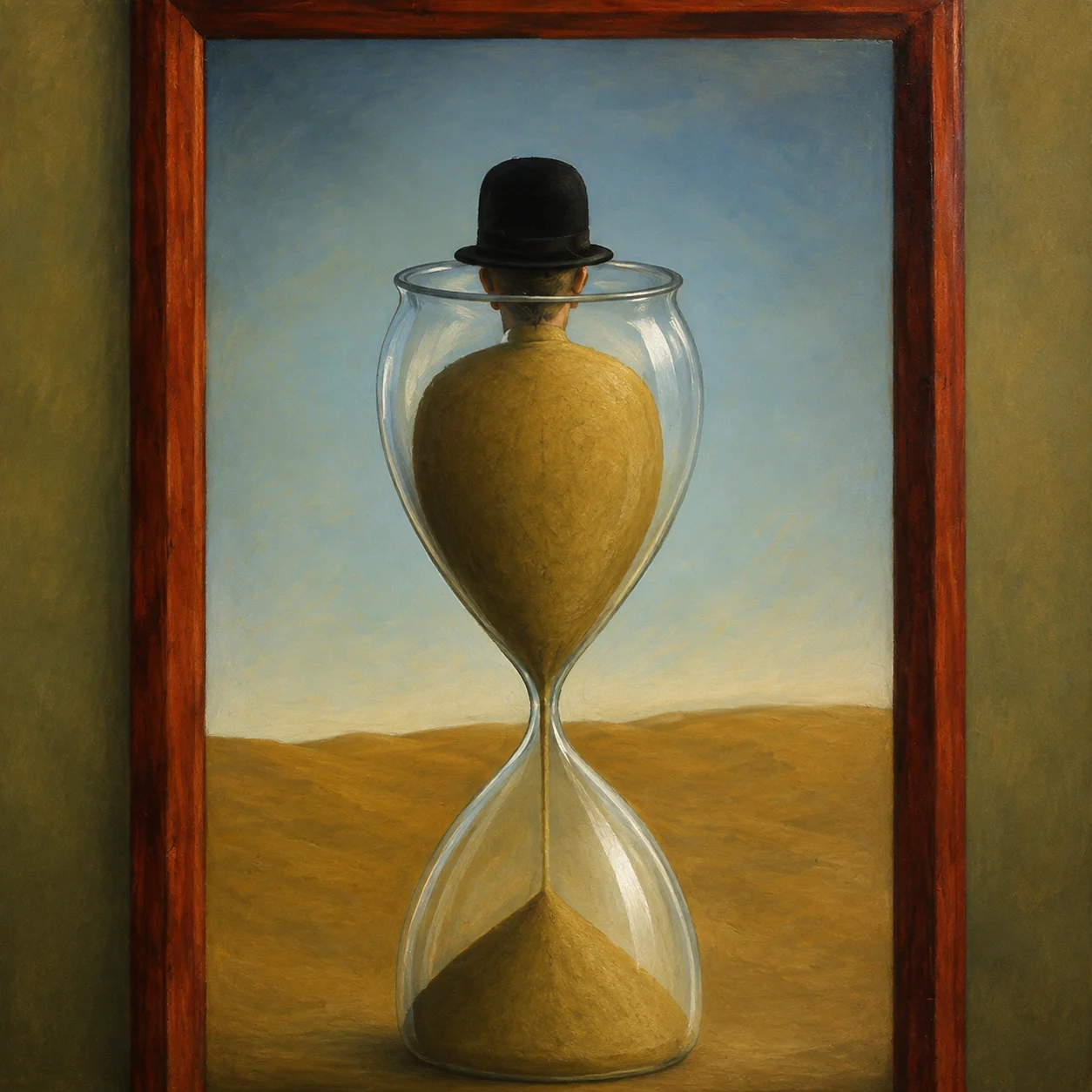 A bowler hat sits inside the upper bulb of a tall hourglass.