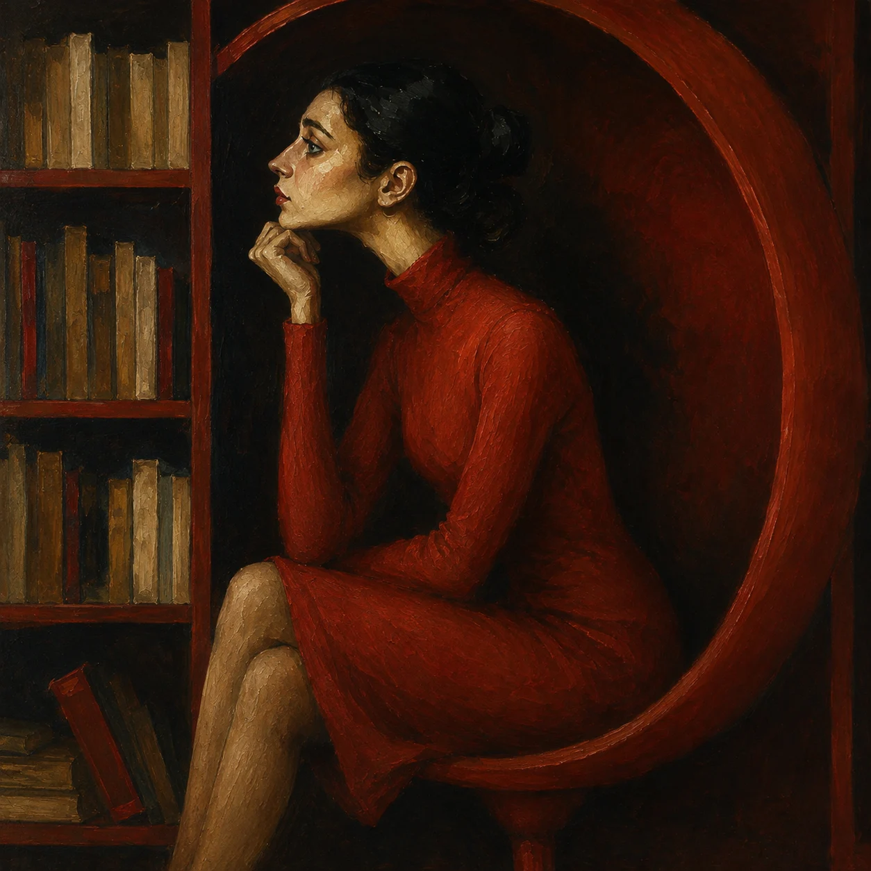 A woman in a red dress pauses beside a bookcase.