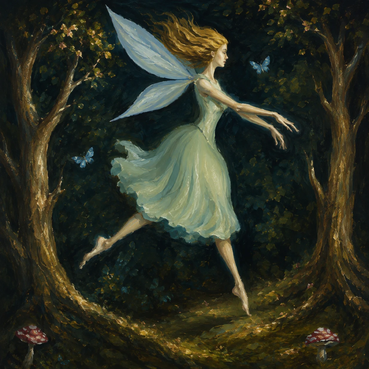 A pale fairy flies between dark branches and small flowers.