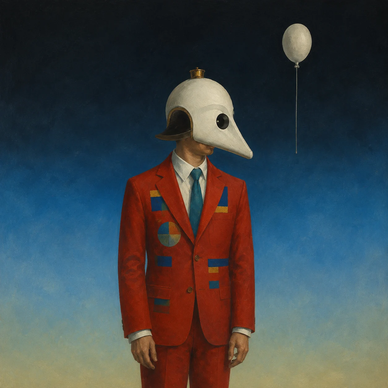 A bird-masked figure in a red suit stands beneath a pale balloon.