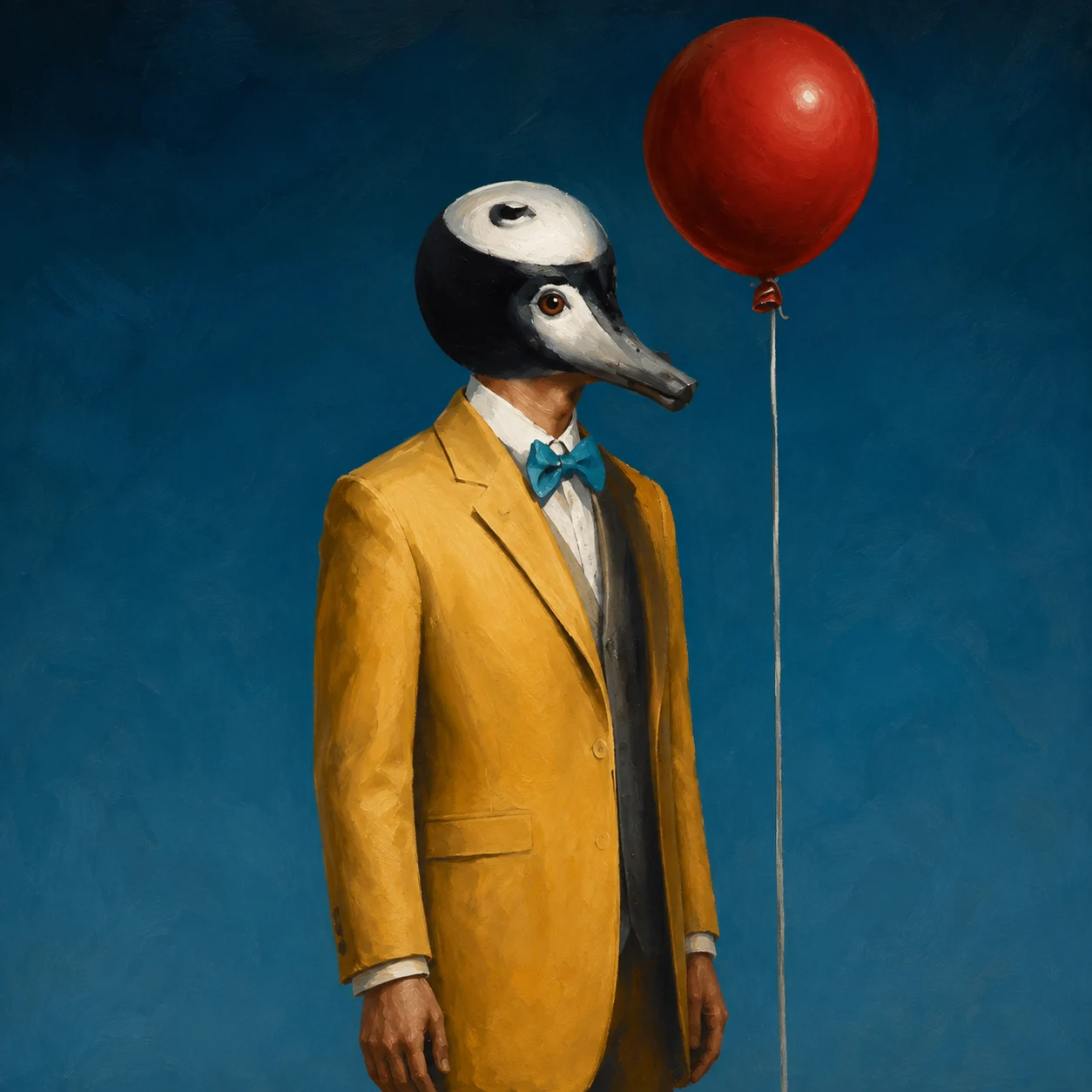 A masked figure in a mustard coat holds a red balloon.