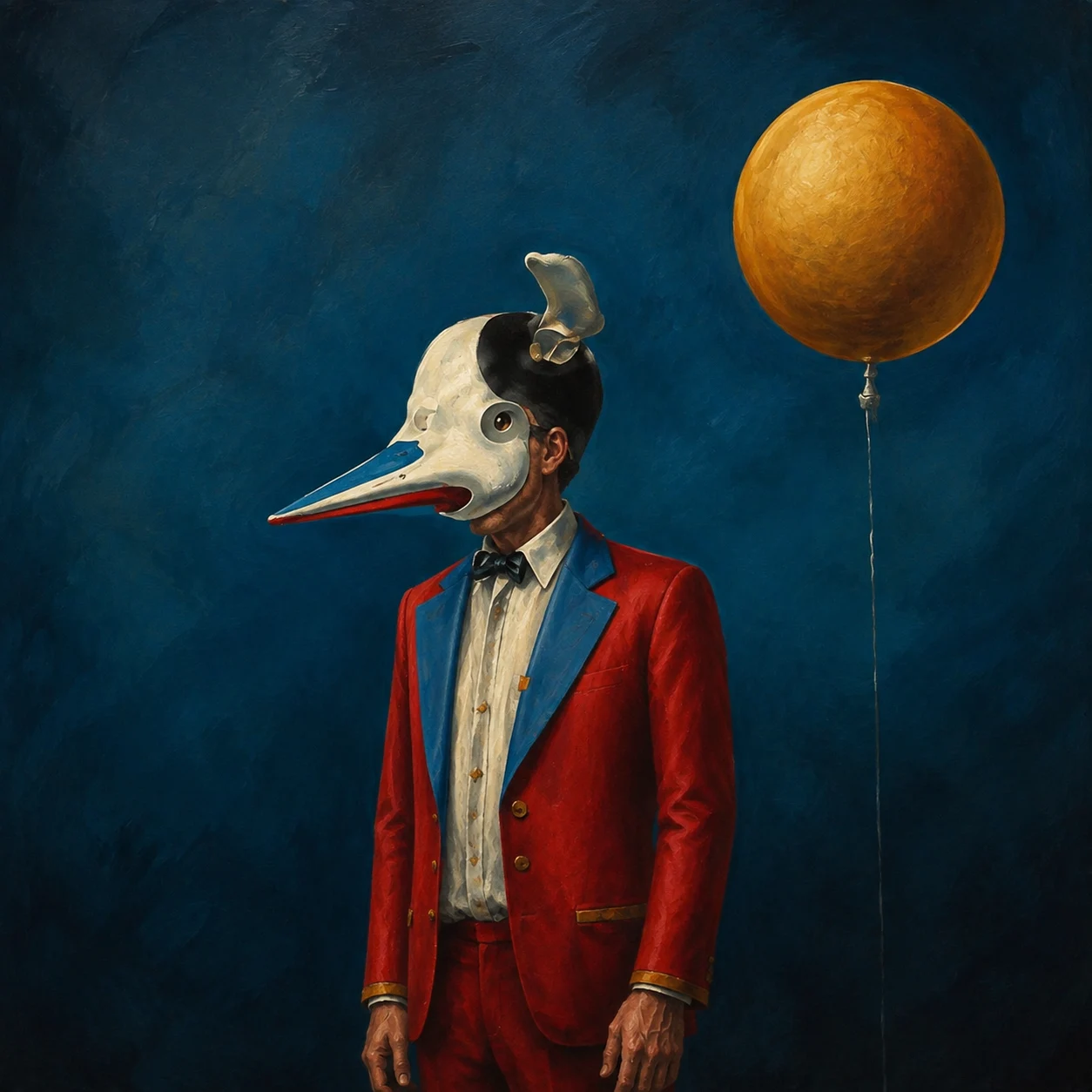 A long-beaked figure in a red coat stands beneath a golden balloon.
