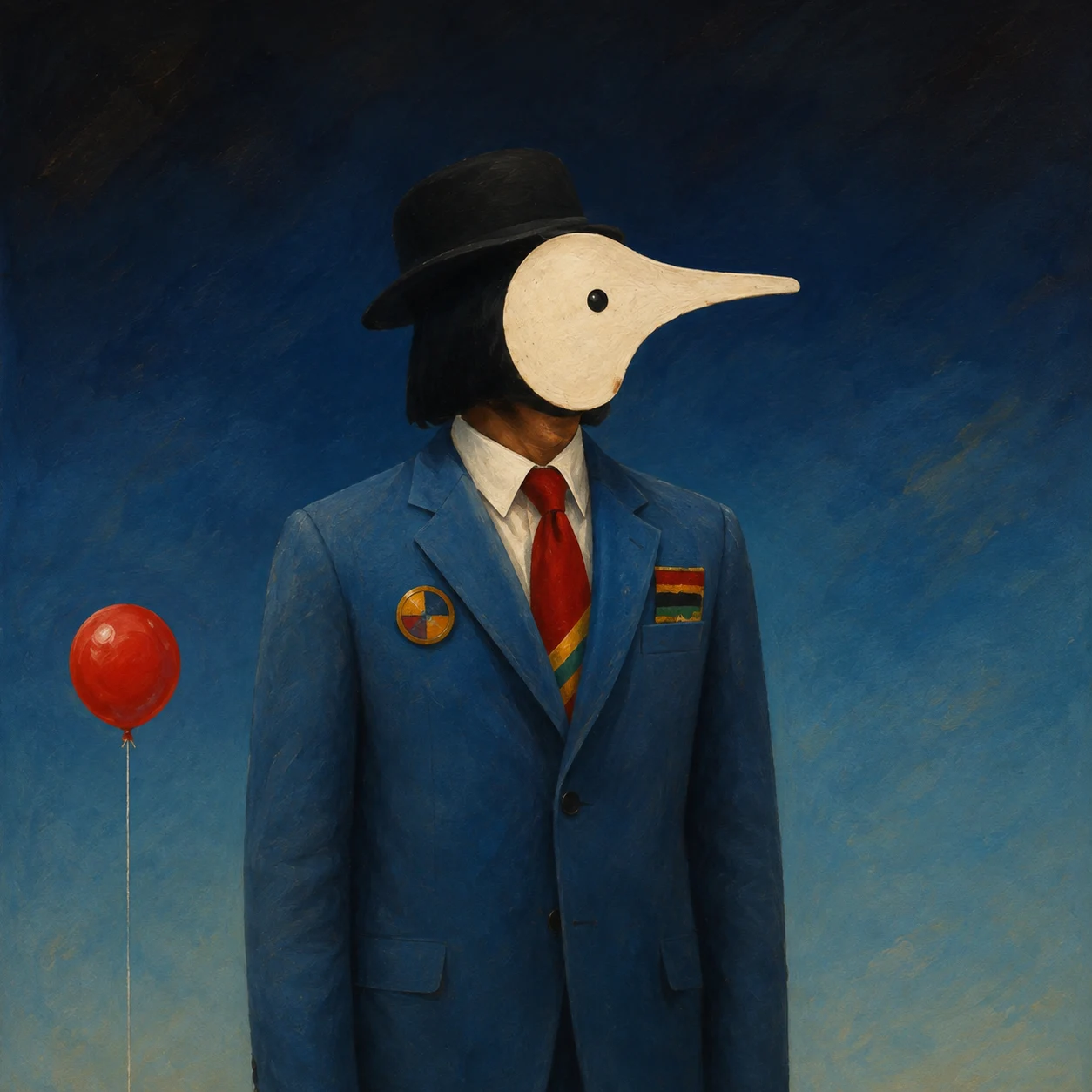 A blue-coated figure with a pale beak looks across a dark sky.