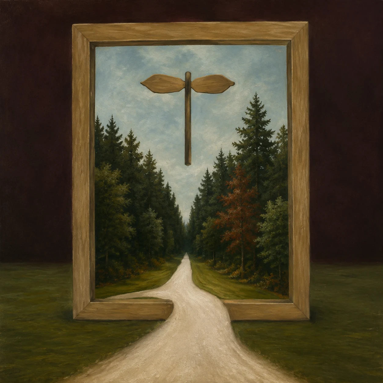 A framed doorway opens onto a straight path through a green forest.