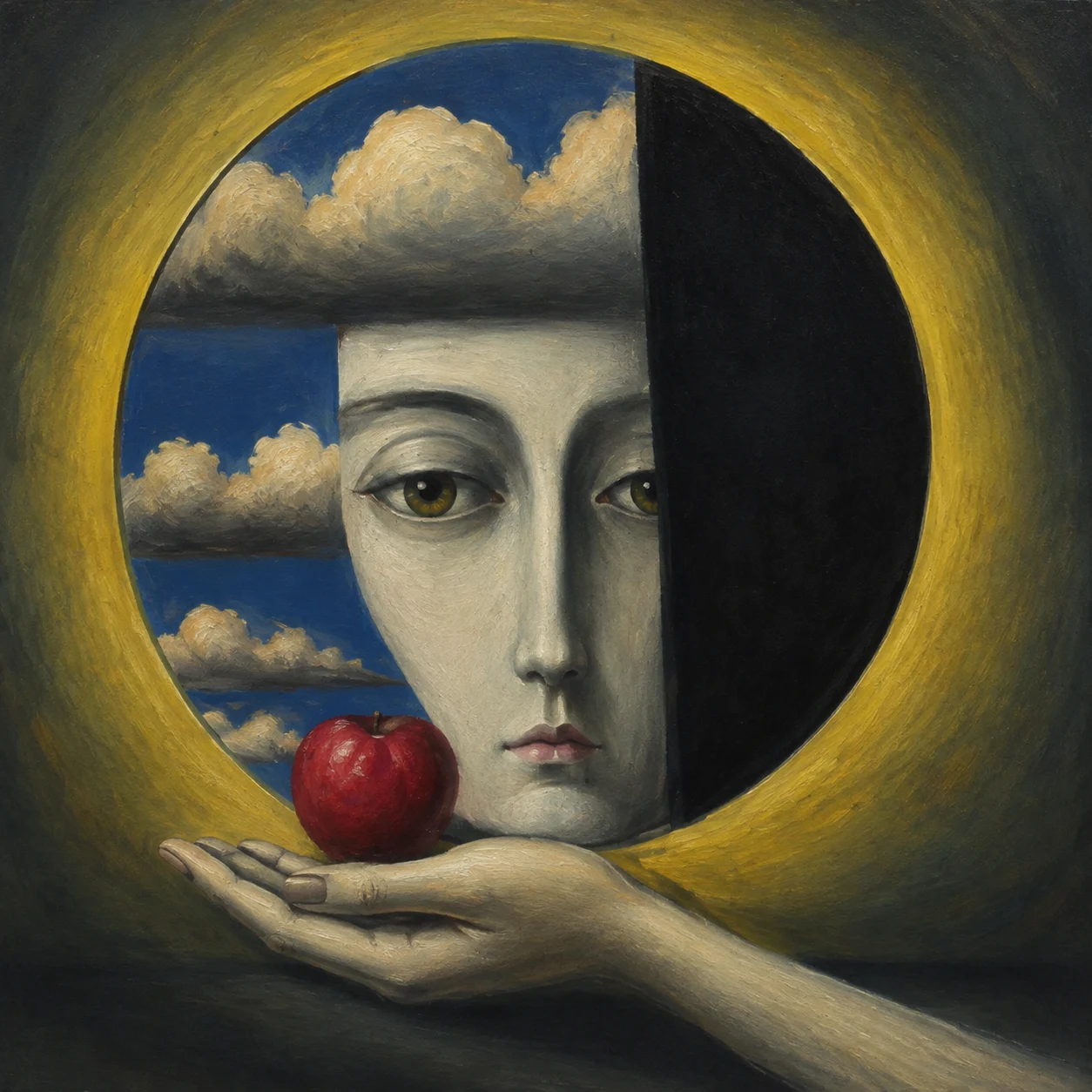 A pale face and red apple sit beneath a round opening filled with clouds.