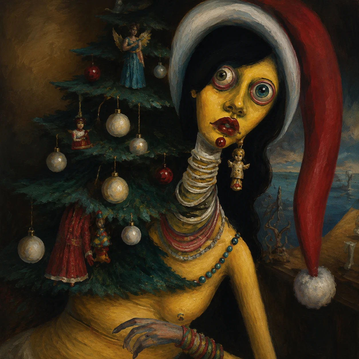 A wide-eyed figure in a red winter hat sits beside a decorated tree.