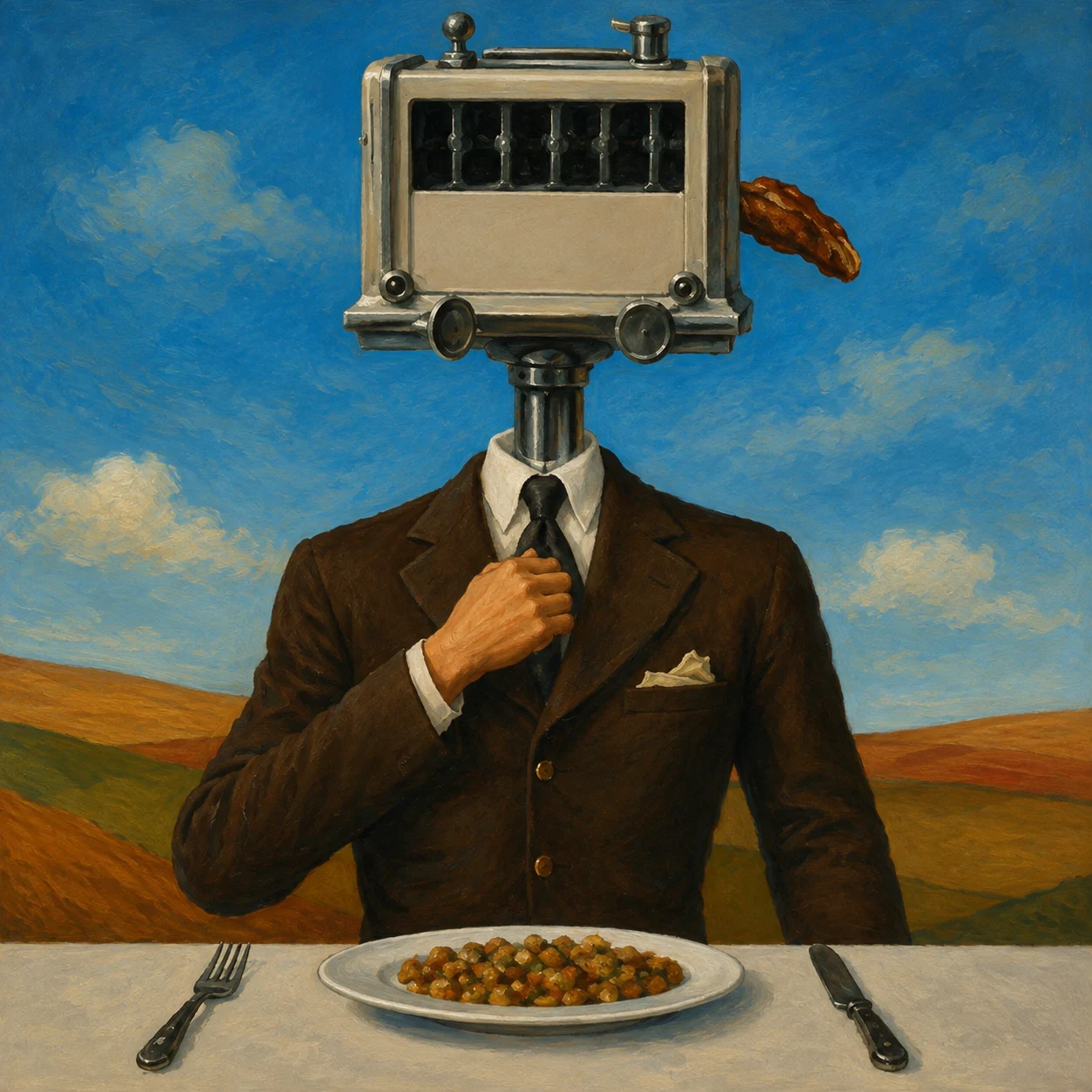 A suited figure with a mechanical head sits before a plate at a table.