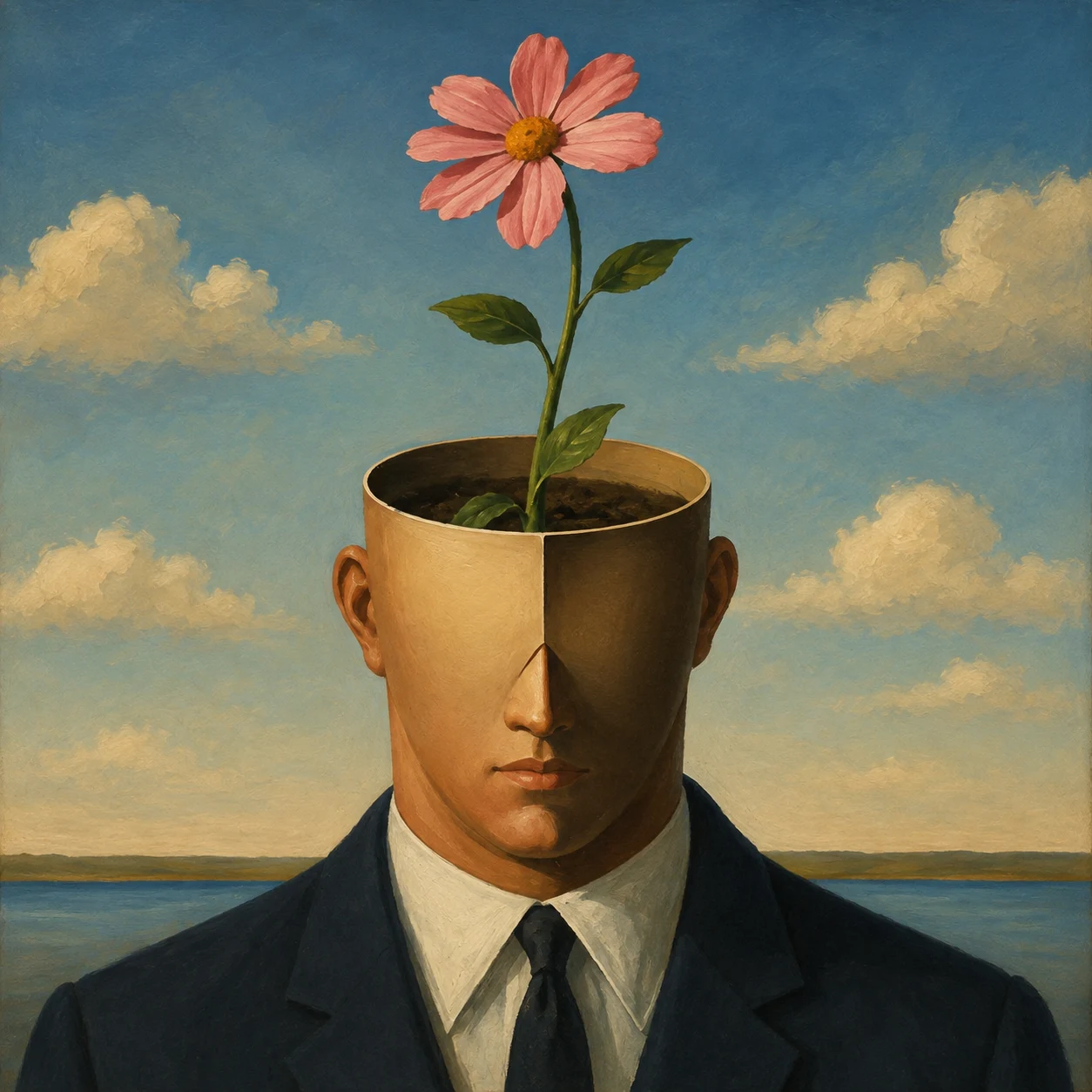 A pink flower grows from the open head of a suited figure.