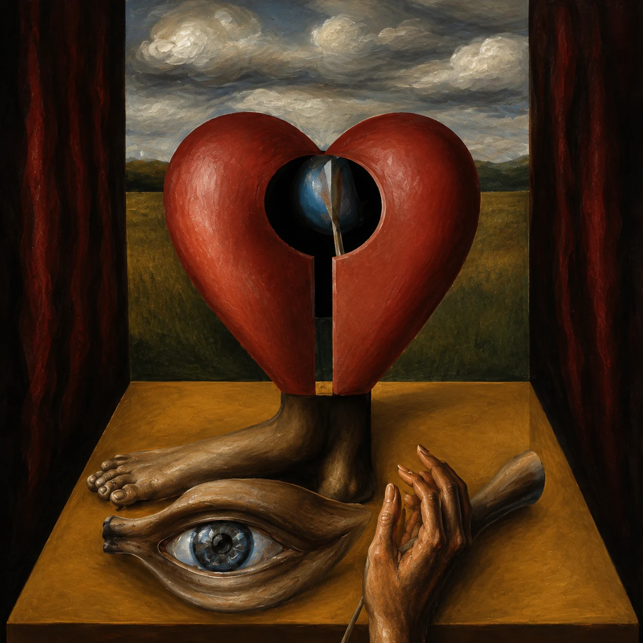 A split red heart rises above hands and watchful eyes.
