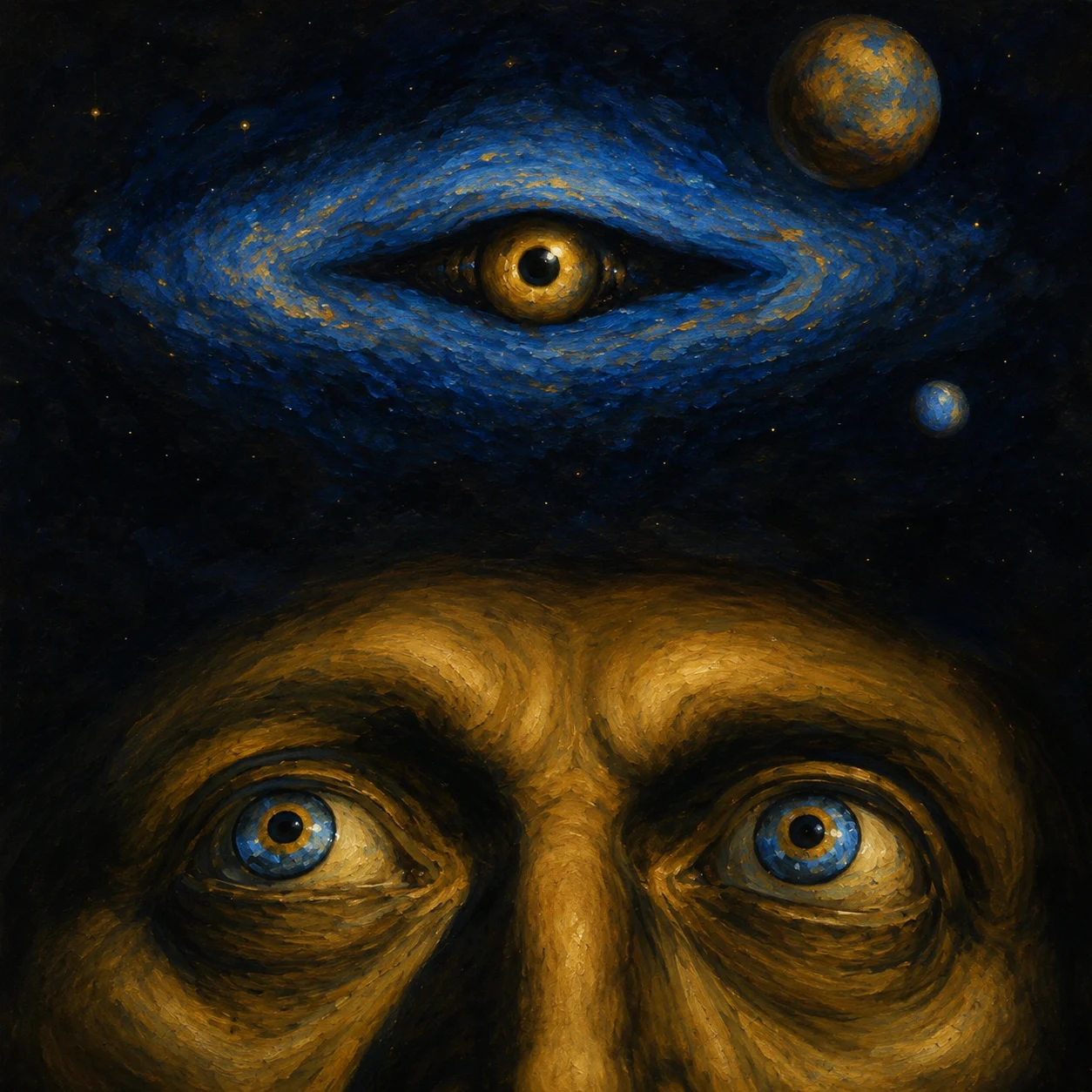 A wide-eyed face looks up at an eye-shaped opening in a star-filled sky.