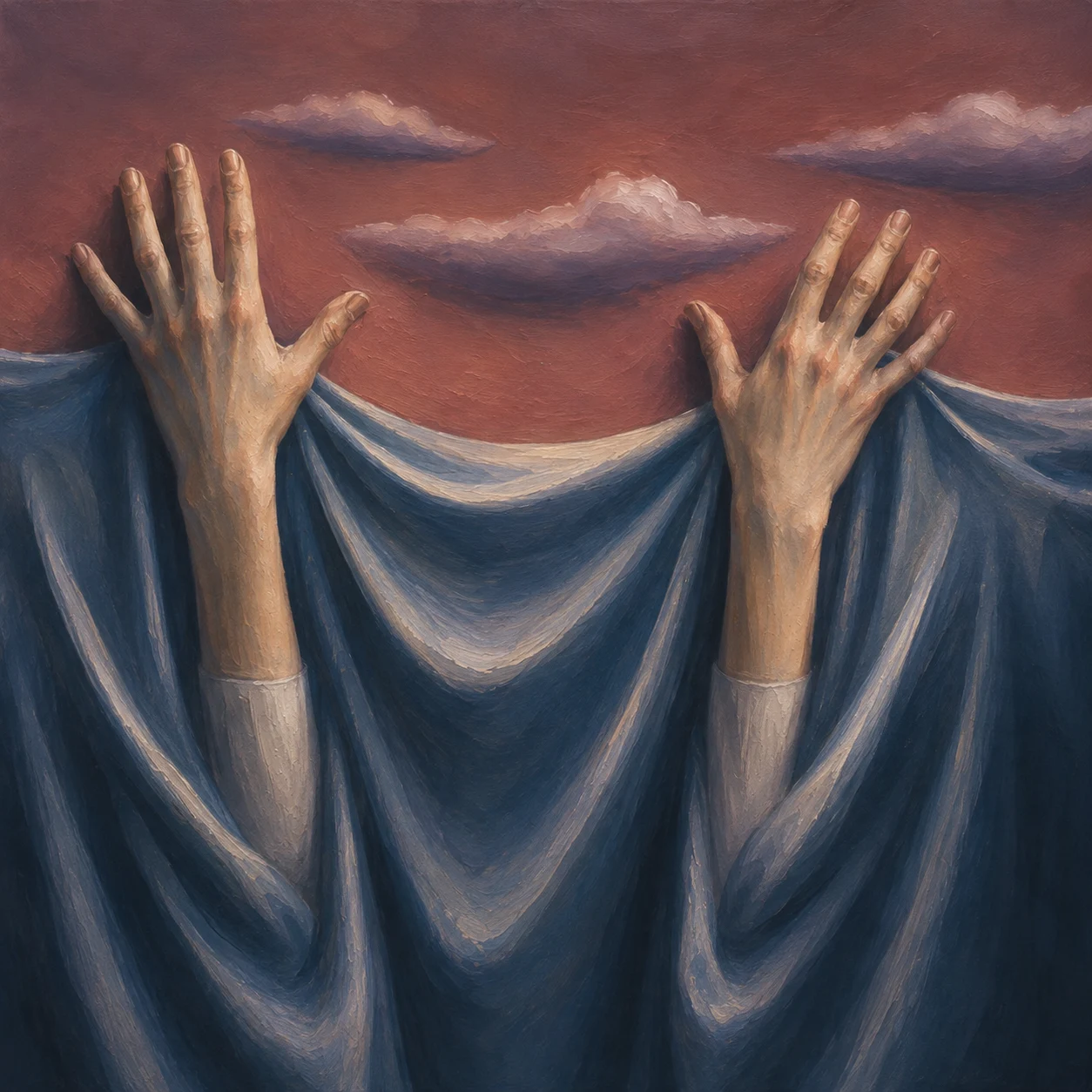 Two hands lift pale cloth against a pink and blue evening sky.