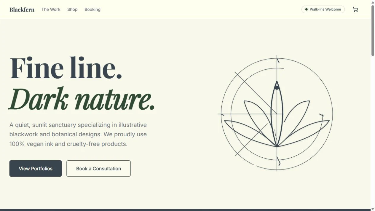 Blackfern Tattoo website homepage screenshot