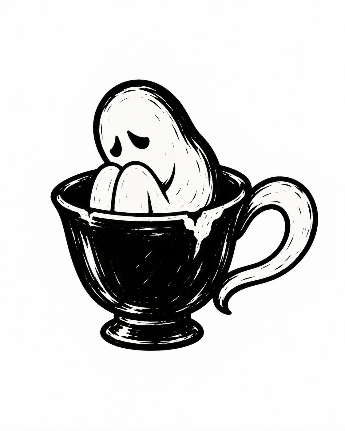 A lonely little ghost curled inside a chipped teacup, its tail becoming the handle. Black ink tattoo design on white.