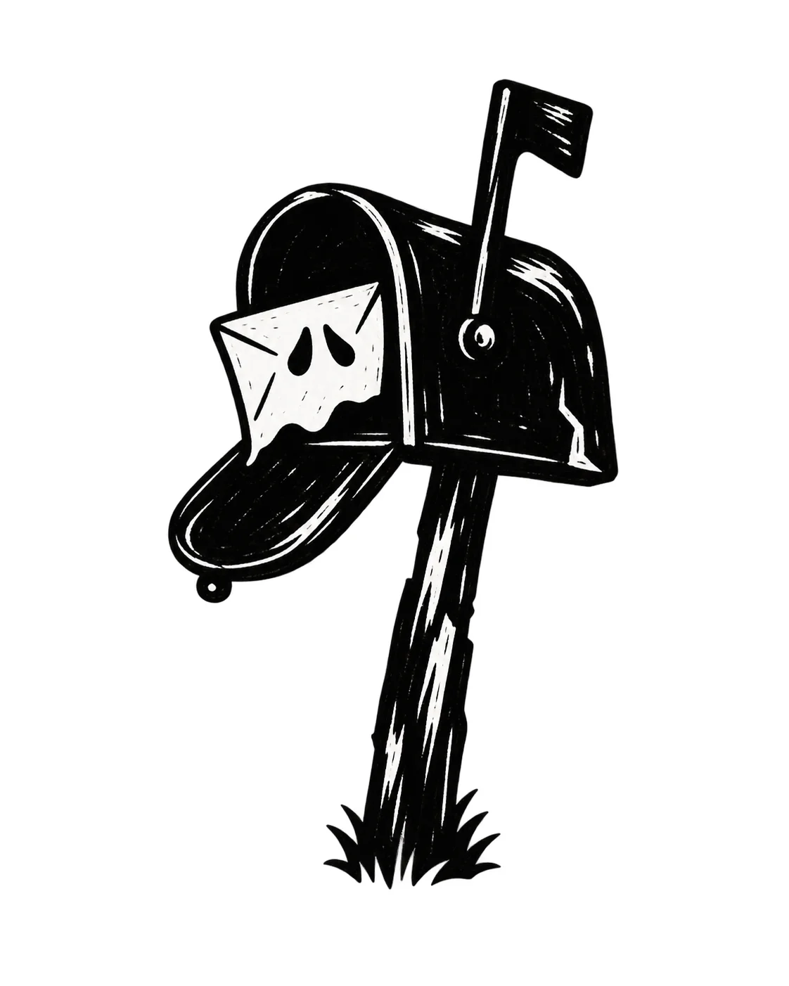A crooked mailbox with a single ghost-shaped letter halfway out. Black ink tattoo design on white.