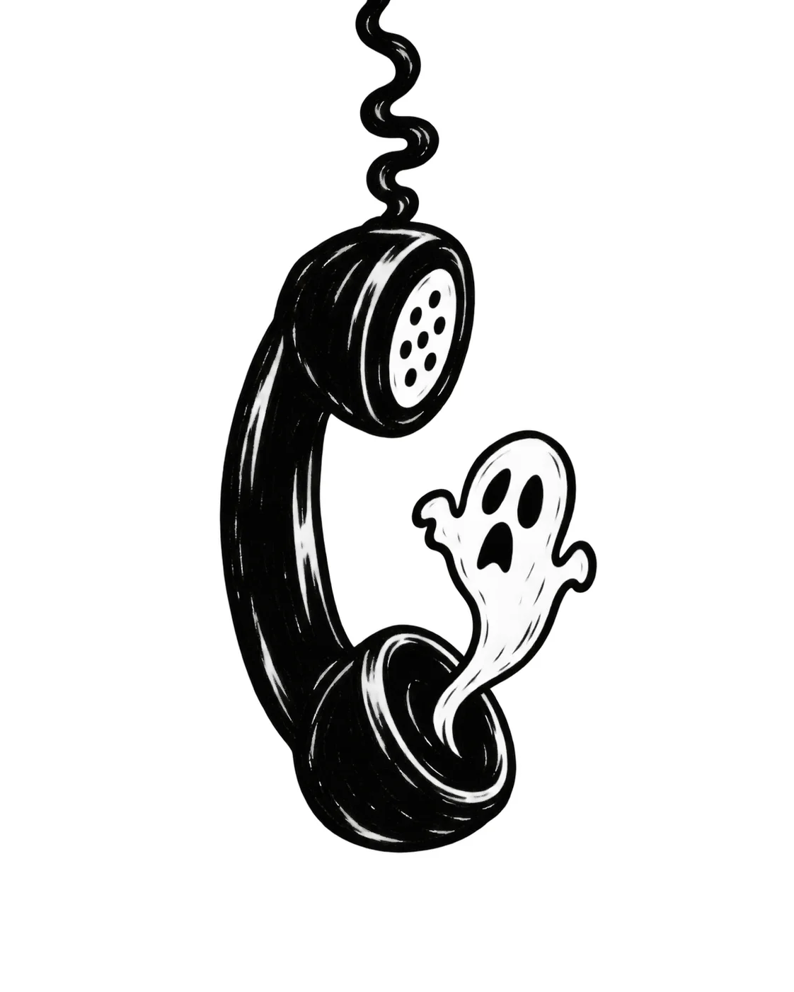 An antique telephone receiver dangling above a small startled ghost emerging from the earpiece. Black ink tattoo design on white.
