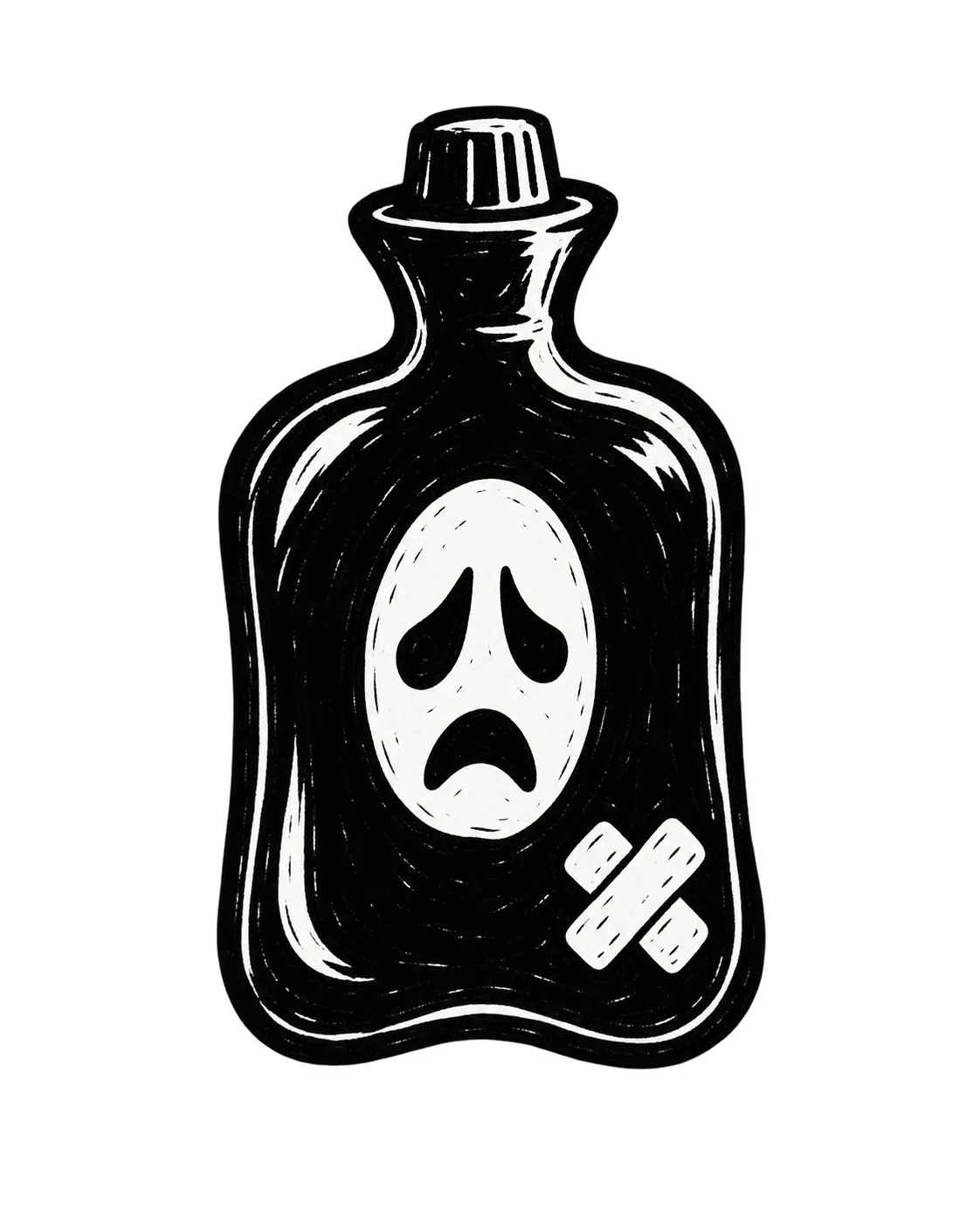 A hot water bottle with a mournful face and a tiny patch. Black ink tattoo design on white.