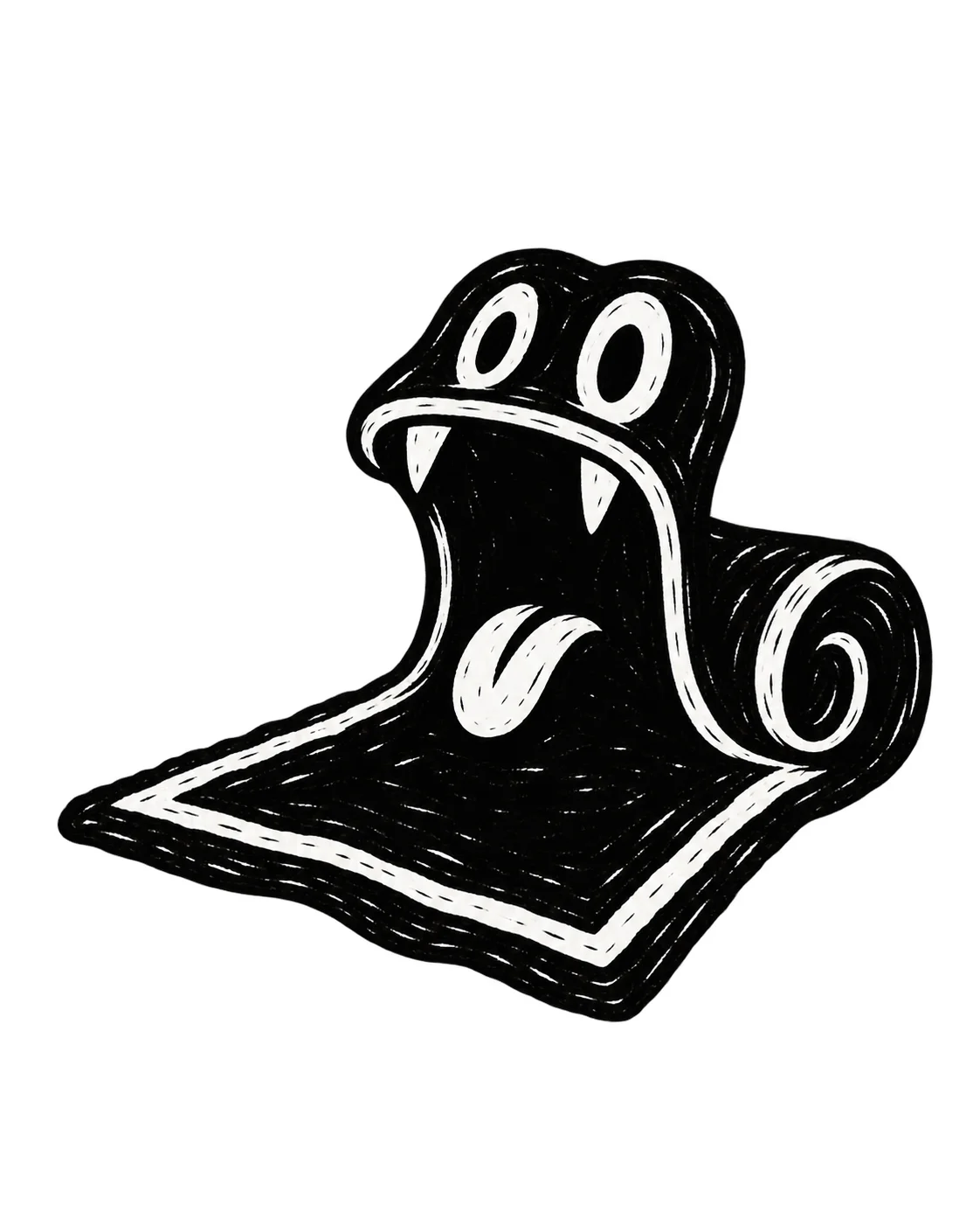 A curled doormat becoming a yawning little monster, two blunt fangs. Black ink tattoo design on white.