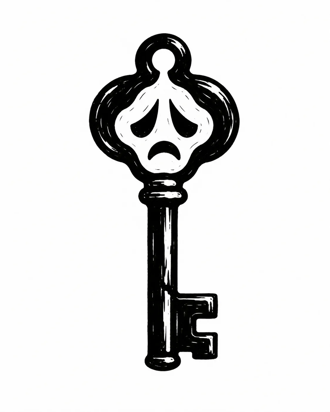 An old key whose bow is a drooping melancholy face. Black ink tattoo design on white.