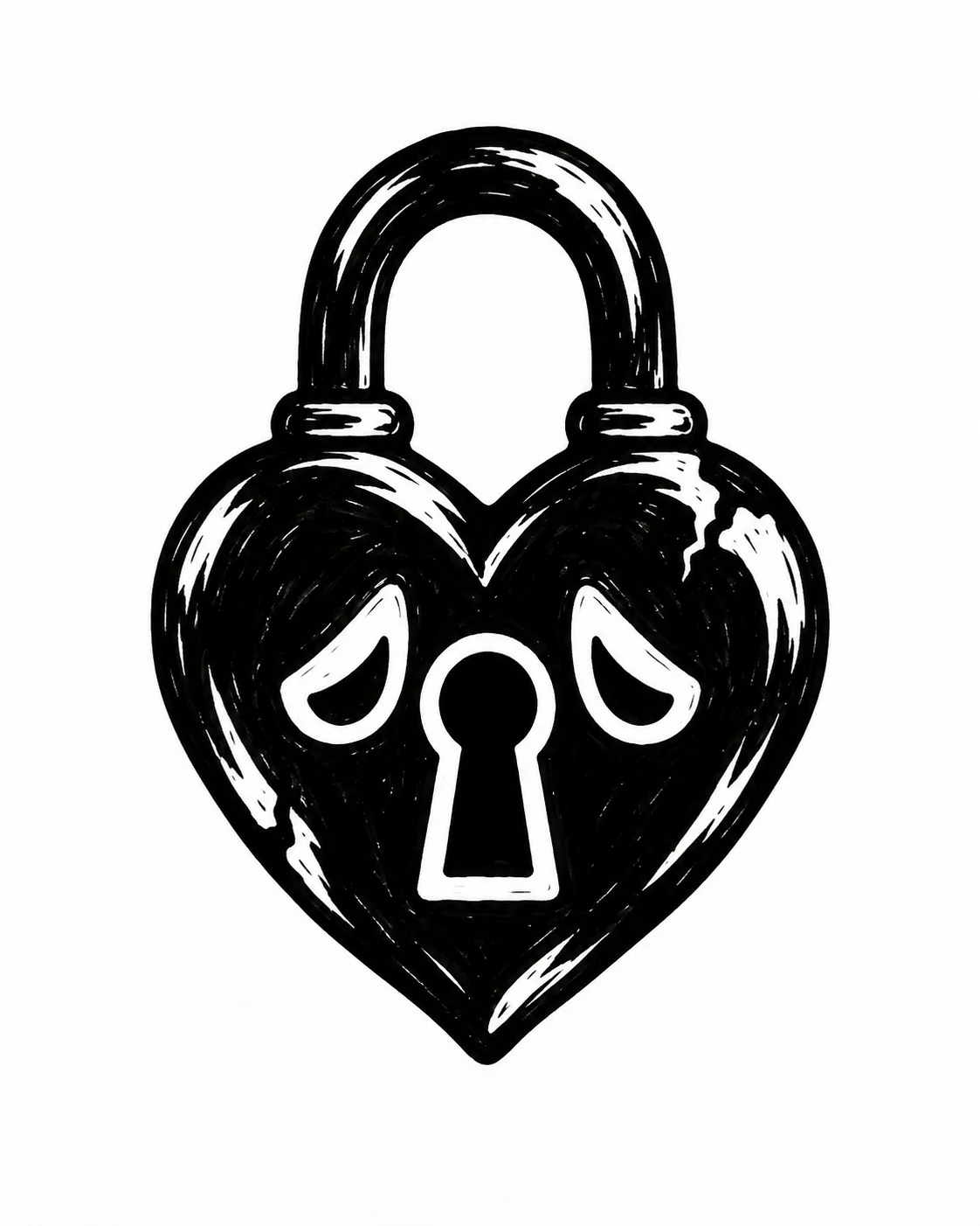 A padlock shaped like a sad heart with one large keyhole. Black ink tattoo design on white.
