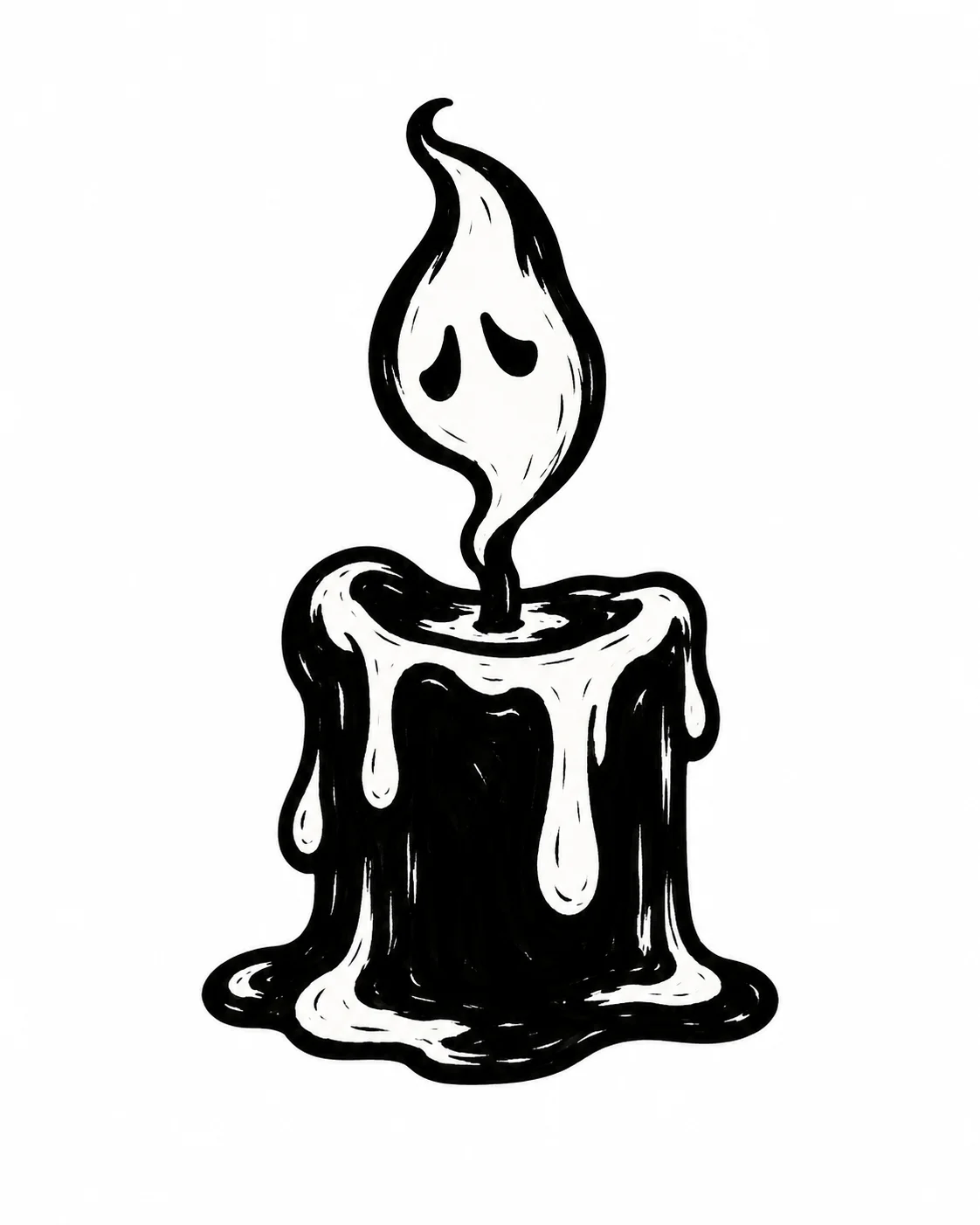 A squat candle whose flame is a shy ghost. Black ink tattoo design on white.