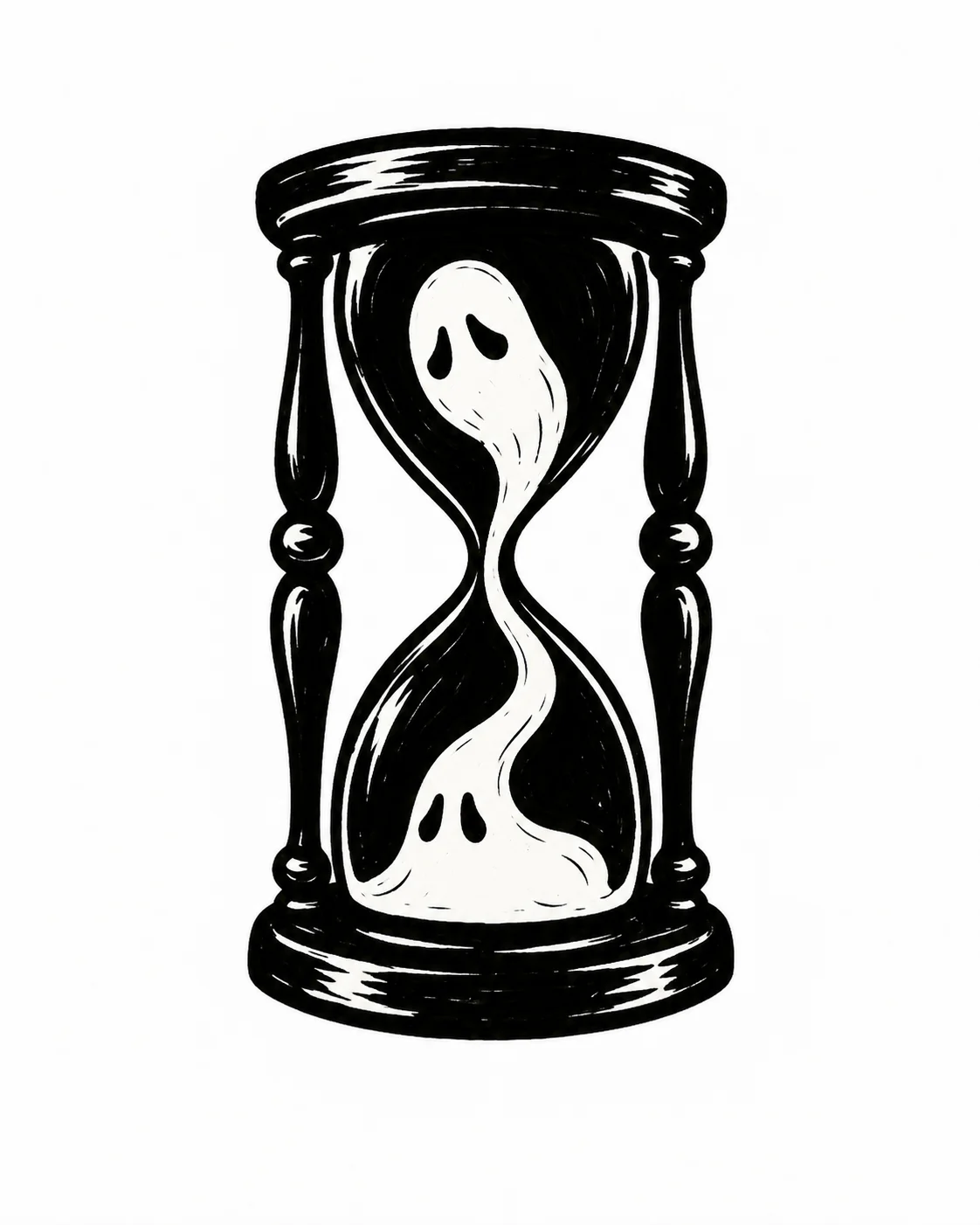 An hourglass with one ghost slipping through the waist instead of sand. Black ink tattoo design on white.