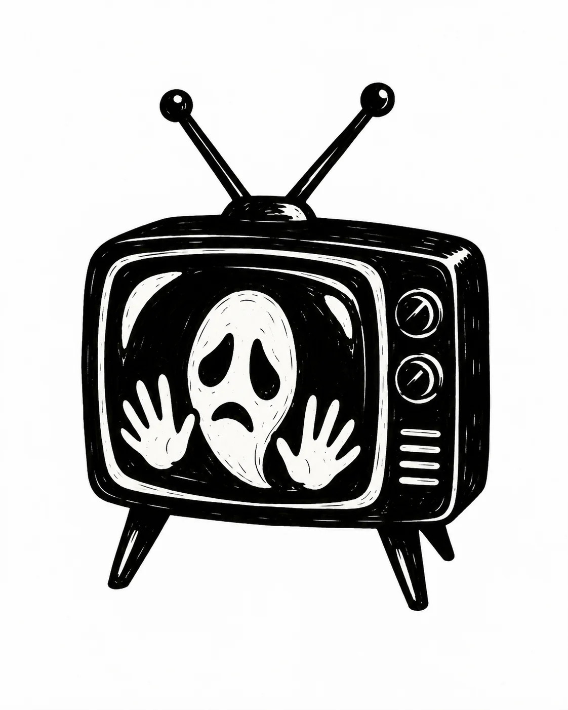A small vintage television showing a solemn face pressed against its rounded screen. Black ink tattoo design on white.