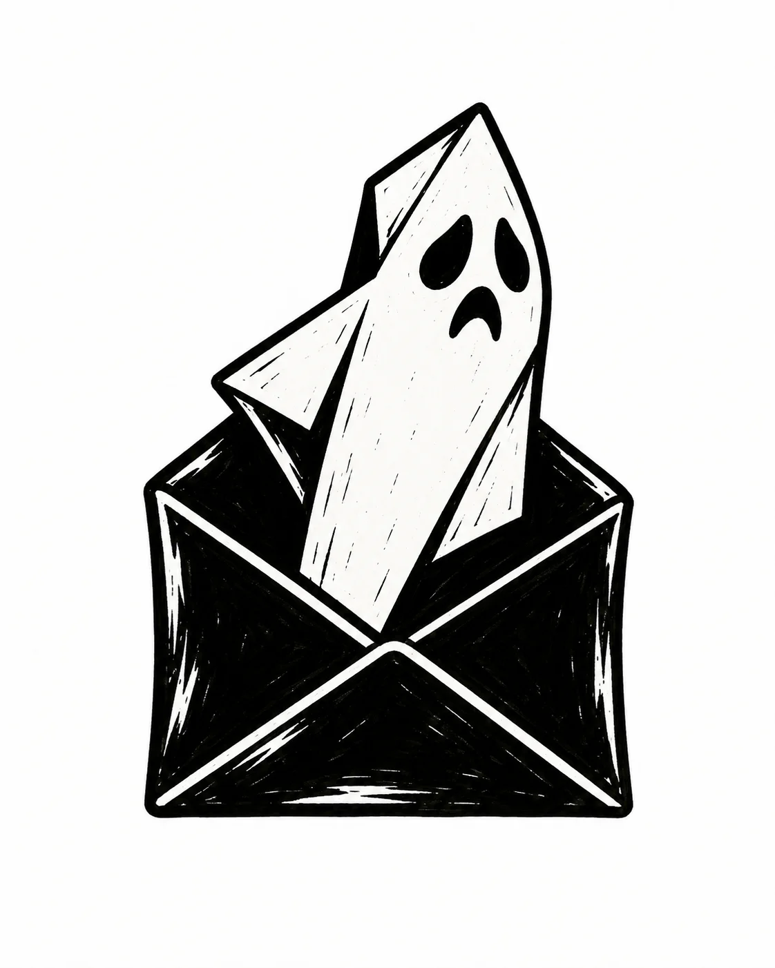 An envelope opened to release one folded paper ghost. Black ink tattoo design on white.