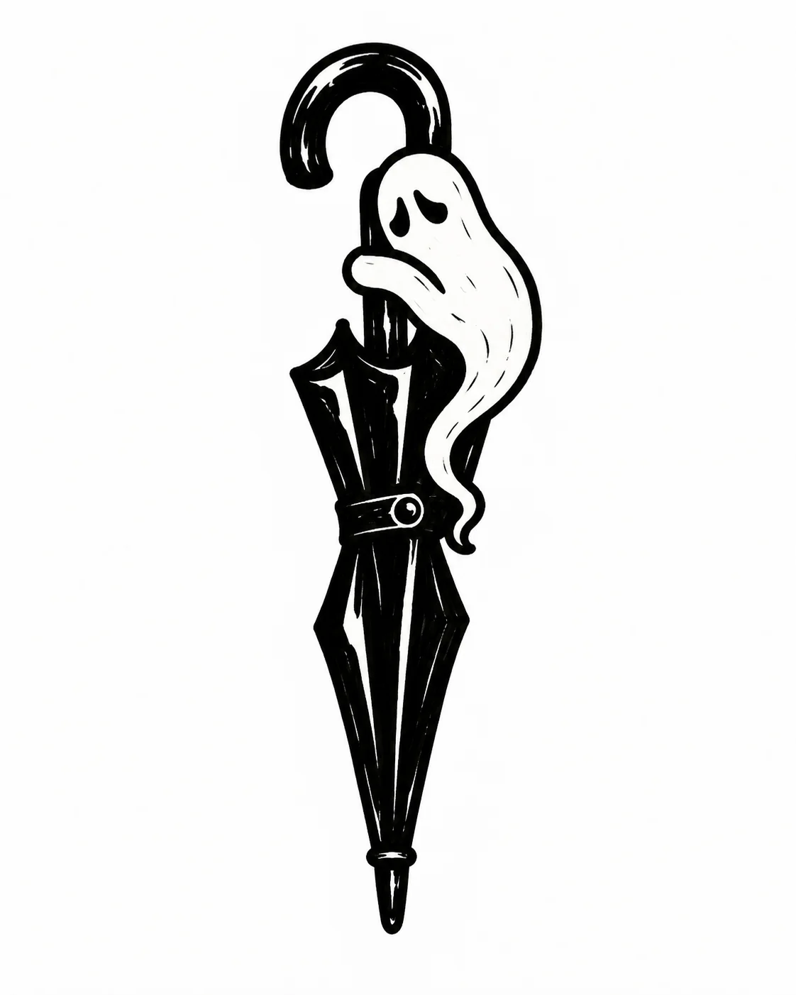 A closed umbrella with a drooping ghost curled around its hooked handle. Black ink tattoo design on white.